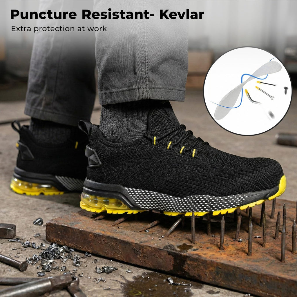 SPIEZ Composite Toe Shoes for Men Women, Lightweight Breathable Non Steel Toe Safety Shoes, Puncture Proof Slip Resistant Work Sneakers for Construction,Warehouse,Black Blue/Black Yellow