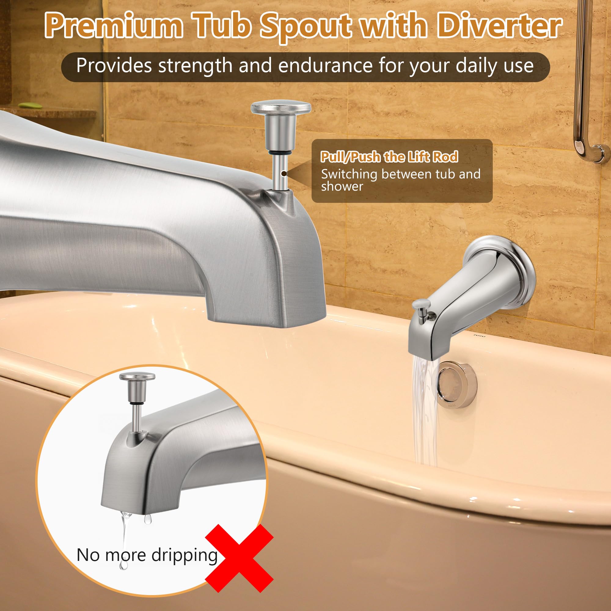 Dreyoo Tub Spout (Universal Fits 1/2" Copper Pipe, 1/2" IPS and 3/4" IPS), Bathroom Bathtub Faucet with Adapters and Hex Wrench(Brushed Nickel,Simple)