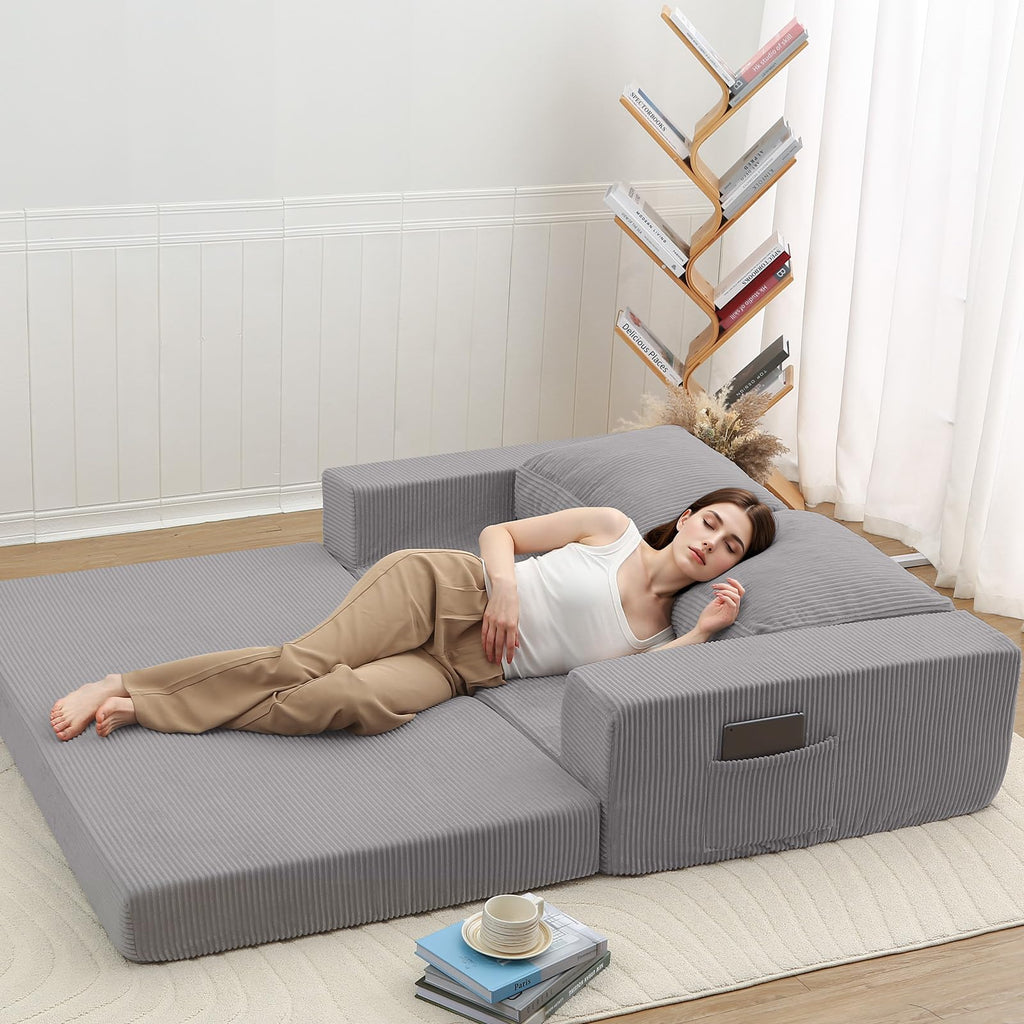 COMAX Futon Sofa Bed, 4‑in‑1 Convertible Sofa Bed, Folding Boneless Couches | Boneless Couch for living room, Fold Out Small Foldable Loveseat Floor Sleeper Mattress Lounge Space‑Saving, Ash Gray
