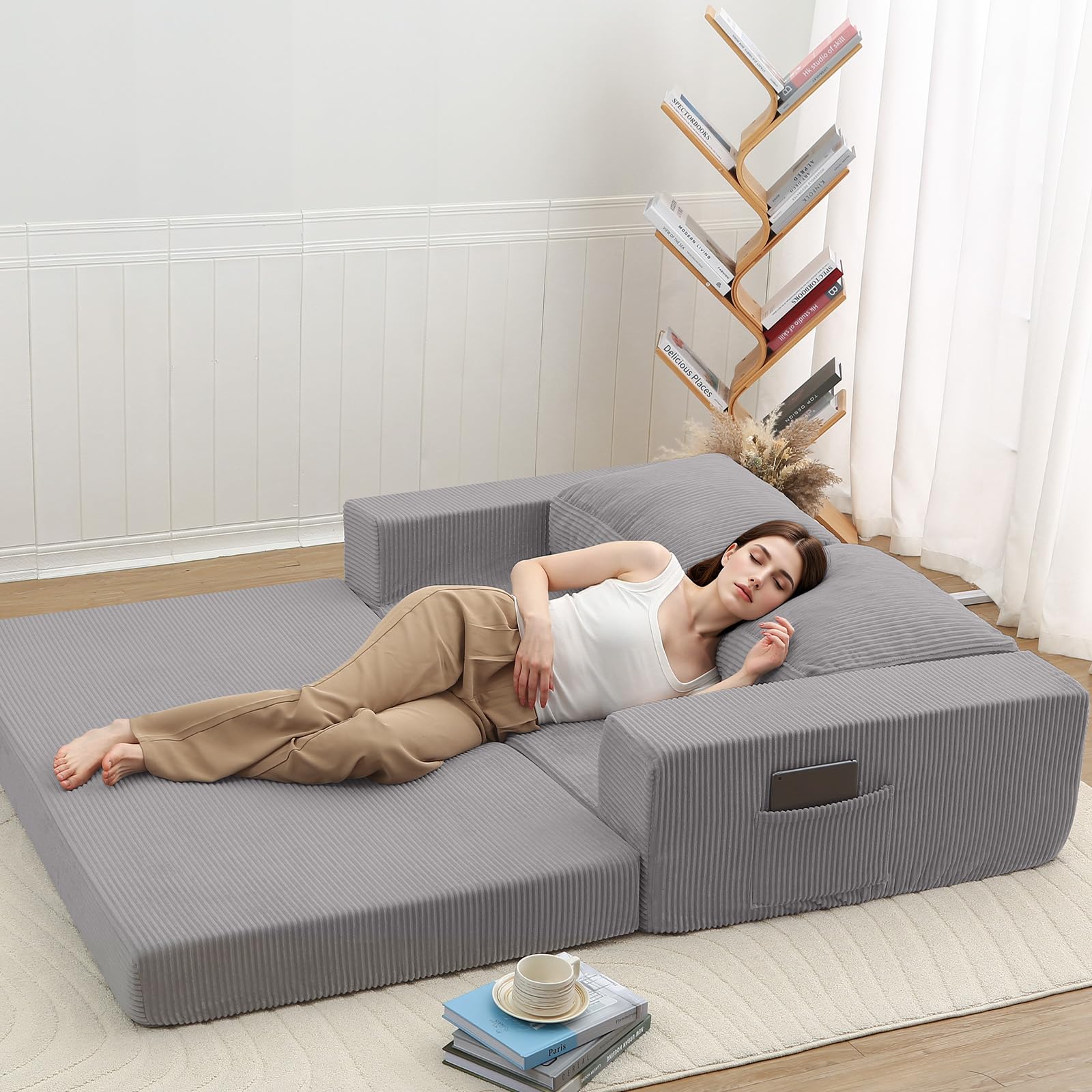 COMAX Futon Sofa Bed, 4‑in‑1 Convertible Sofa Bed, Folding Boneless Couches | Boneless Couch for living room, Fold Out Small Foldable Loveseat Floor Sleeper Mattress Lounge Space‑Saving, Ash Gray