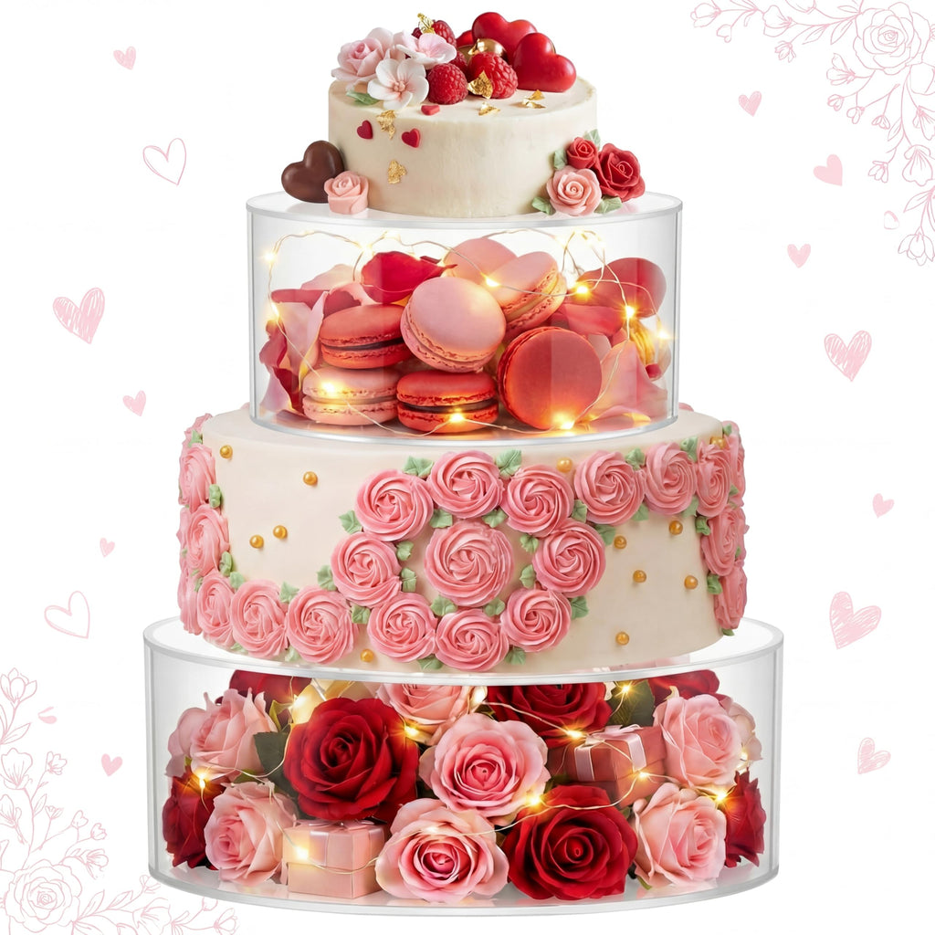 Sunnyray 2 Pcs Acrylic Cake Stands for Dessert Table Clear Fillable Cake Riser Cupcake Tier with LED Strings for Birthday Wedding Holiday Party Display(6'', 8'')