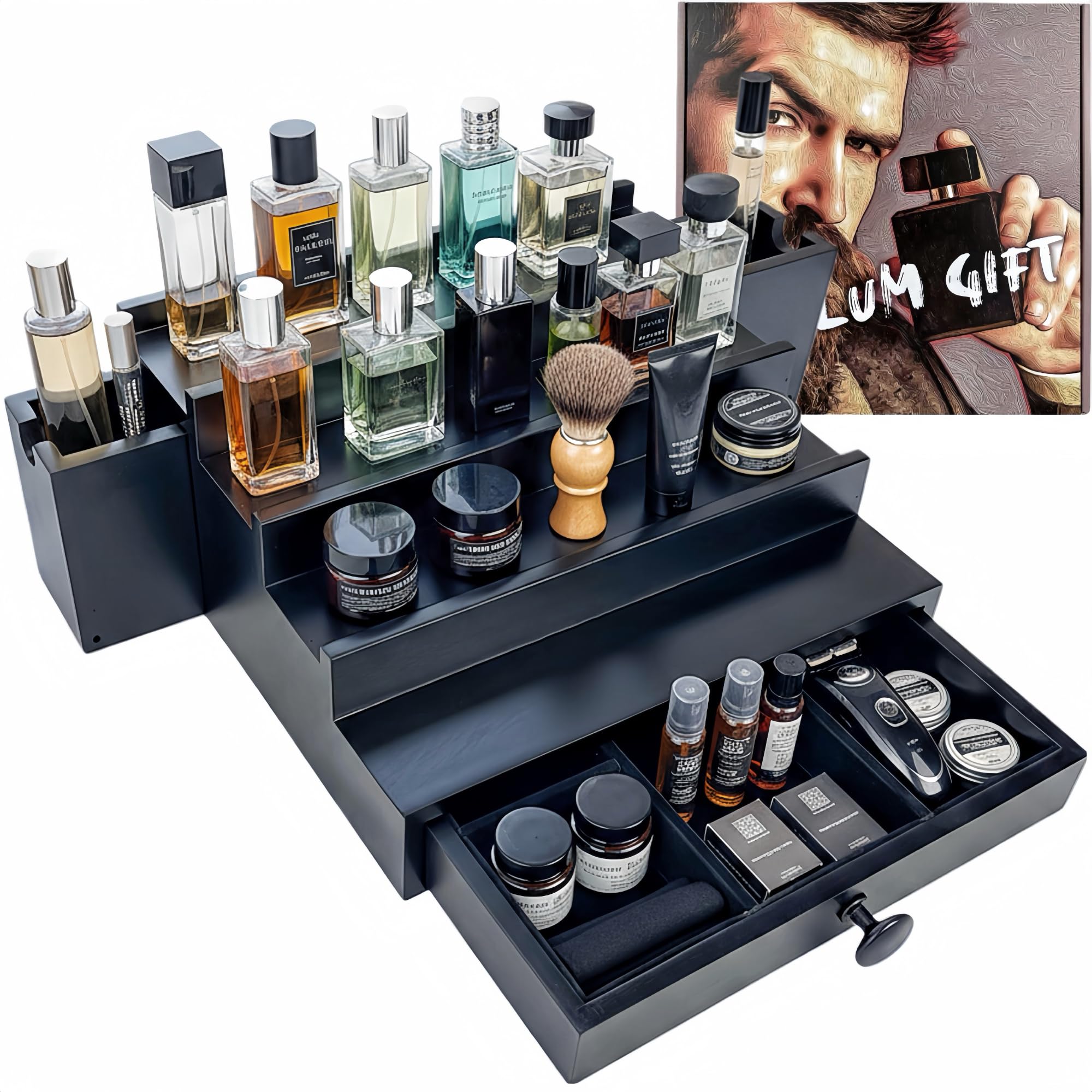 Wooden Cologne Organizer for Men 3 Tier | Black Perfume Holder Shelf for Dresser | High Grade Velvet Lining and Stylish Gift Box | Uncluttered Design Perfume Display Stand