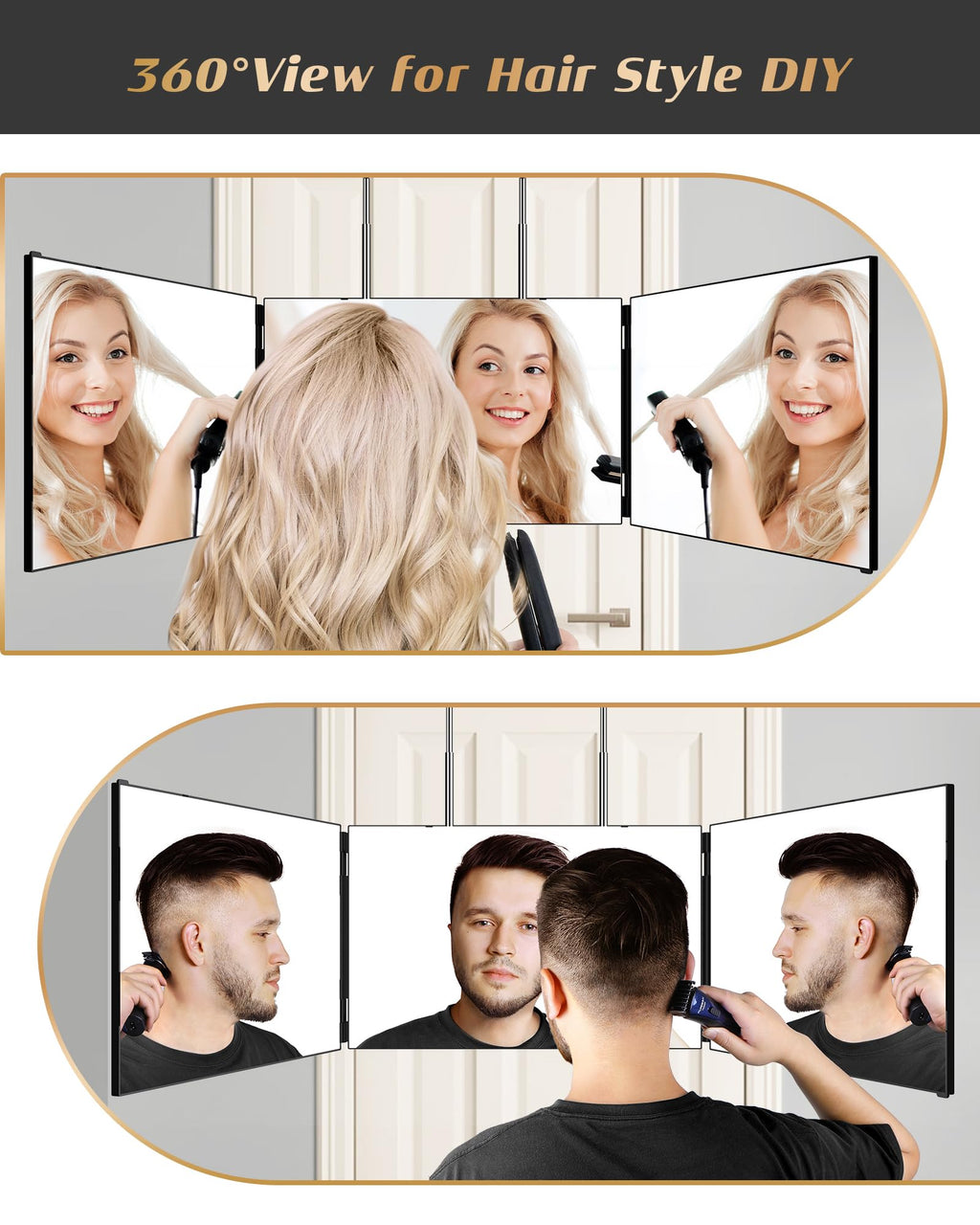 JUSRON 360 Viewing Angle Self Hair Cutting Mirror, Clear Anti-Fog HD Glass, USB Rechargeable, Easy to Use, Height Adjustable, Portable, Good Choice for Gifts