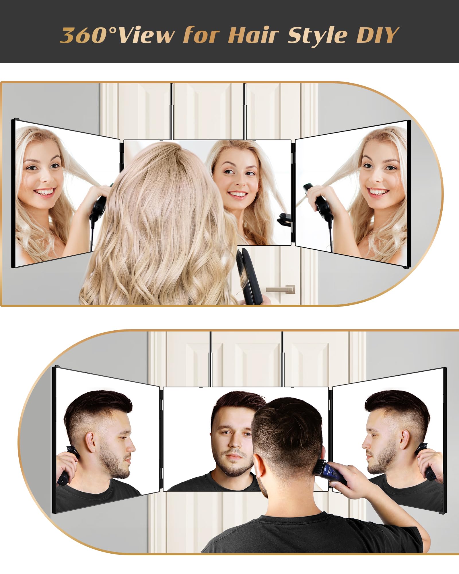 JUSRON 360 Viewing Angle Self Hair Cutting Mirror, Clear Anti-Fog HD Glass, USB Rechargeable, Easy to Use, Height Adjustable, Portable, Good Choice for Gifts