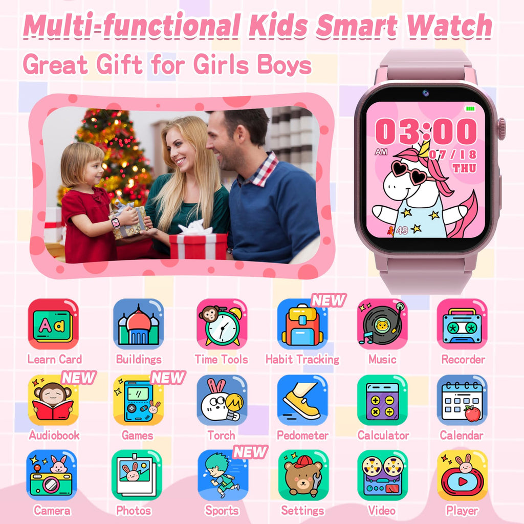 Kids Smart Watch Boys, Kids Game Smart Watch with 32 Games HD Touch Screen Video Camera Music Player Audiobooks Pedometer Flashlight Alarm Clock 12/24 hr, Toys Gift for 3-12 Years Old Boys Girls