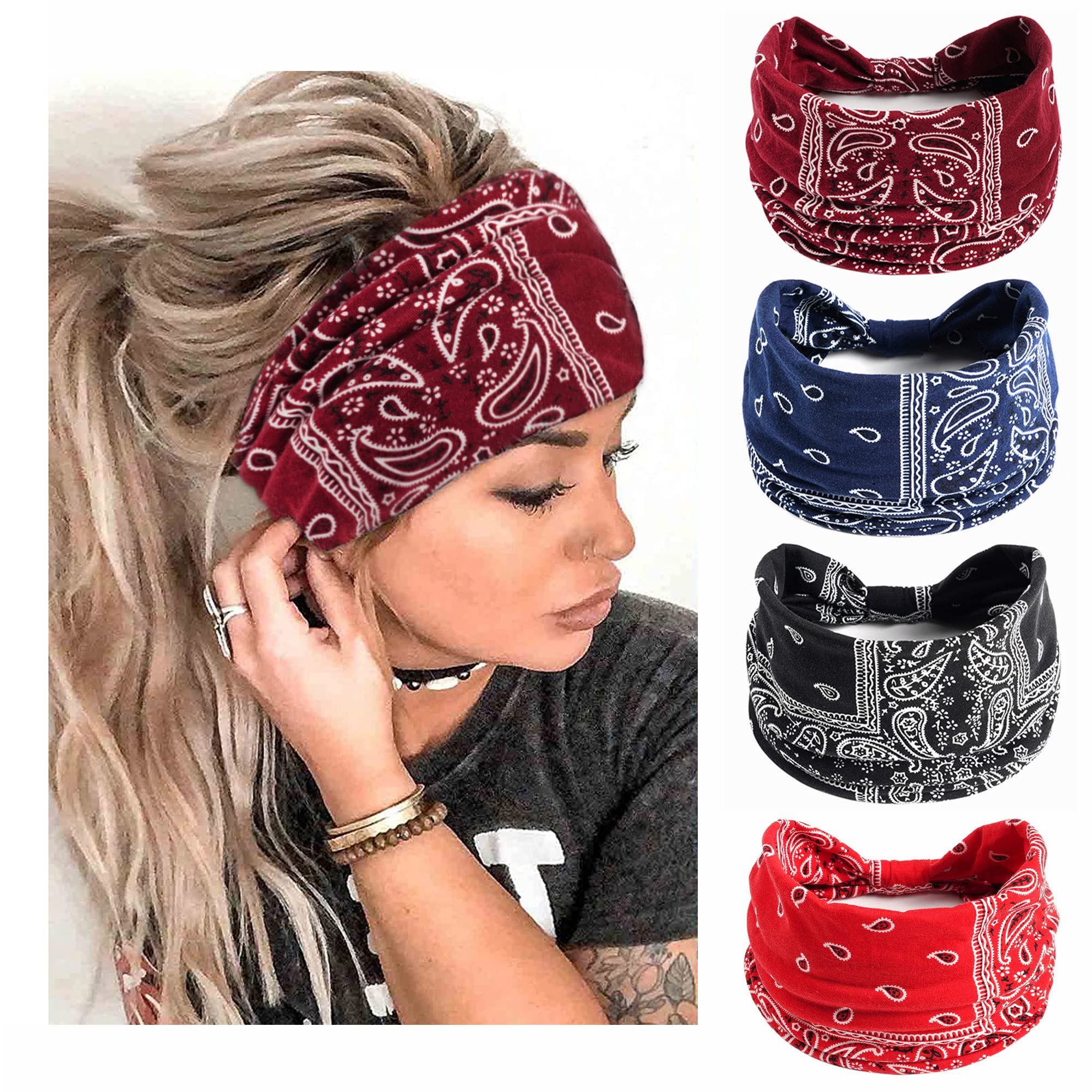 Boho Headbands For Women Fashion Stretch Wide Hair Bands Knoted Turban Head Bands Yoga Running Sweatband Elastic Headband Stylish Wrap Headbands Hair Accessories for Teen Girls 4 Pack