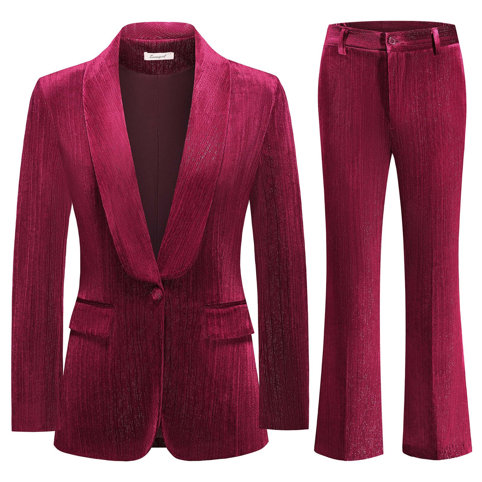 Lamgool Women Pantsuit Dressy Silver Thread Velvet 2 Piece Suit Set Blazer and Flared Pants