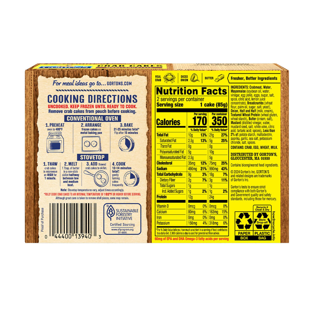 Gorton’s Crab Cakes Maryland Style, Real Crab Meat with Onions, Butter, and Seasoning, Frozen, 2 Count, 6 Ounce Package