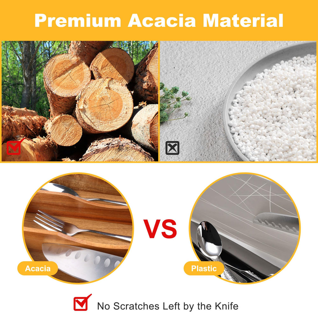 Expandable Acacia Kitchen Drawer Organizer for Cutlery and Utensils, Adjustable Acacia Wood Cutlery Tray in Drawer for Flatware and Silverware in Kitchen