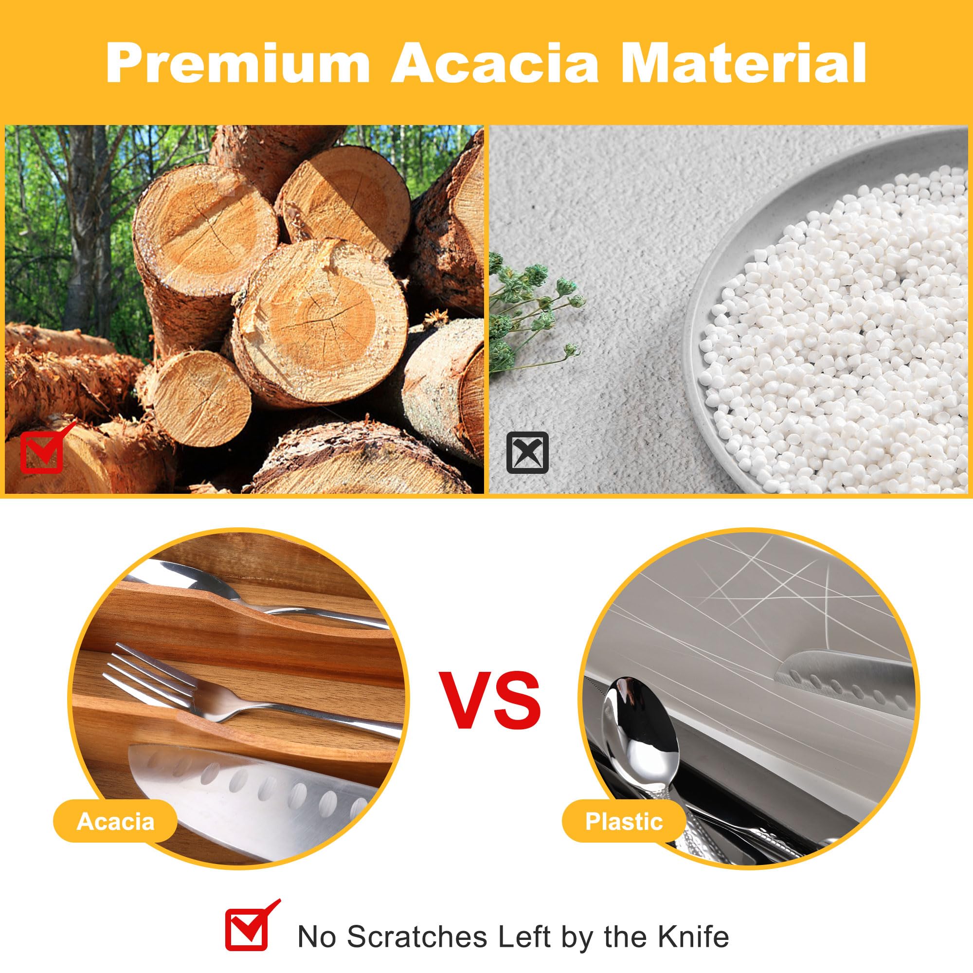 Expandable Acacia Kitchen Drawer Organizer for Cutlery and Utensils, Adjustable Acacia Wood Cutlery Tray in Drawer for Flatware and Silverware in Kitchen