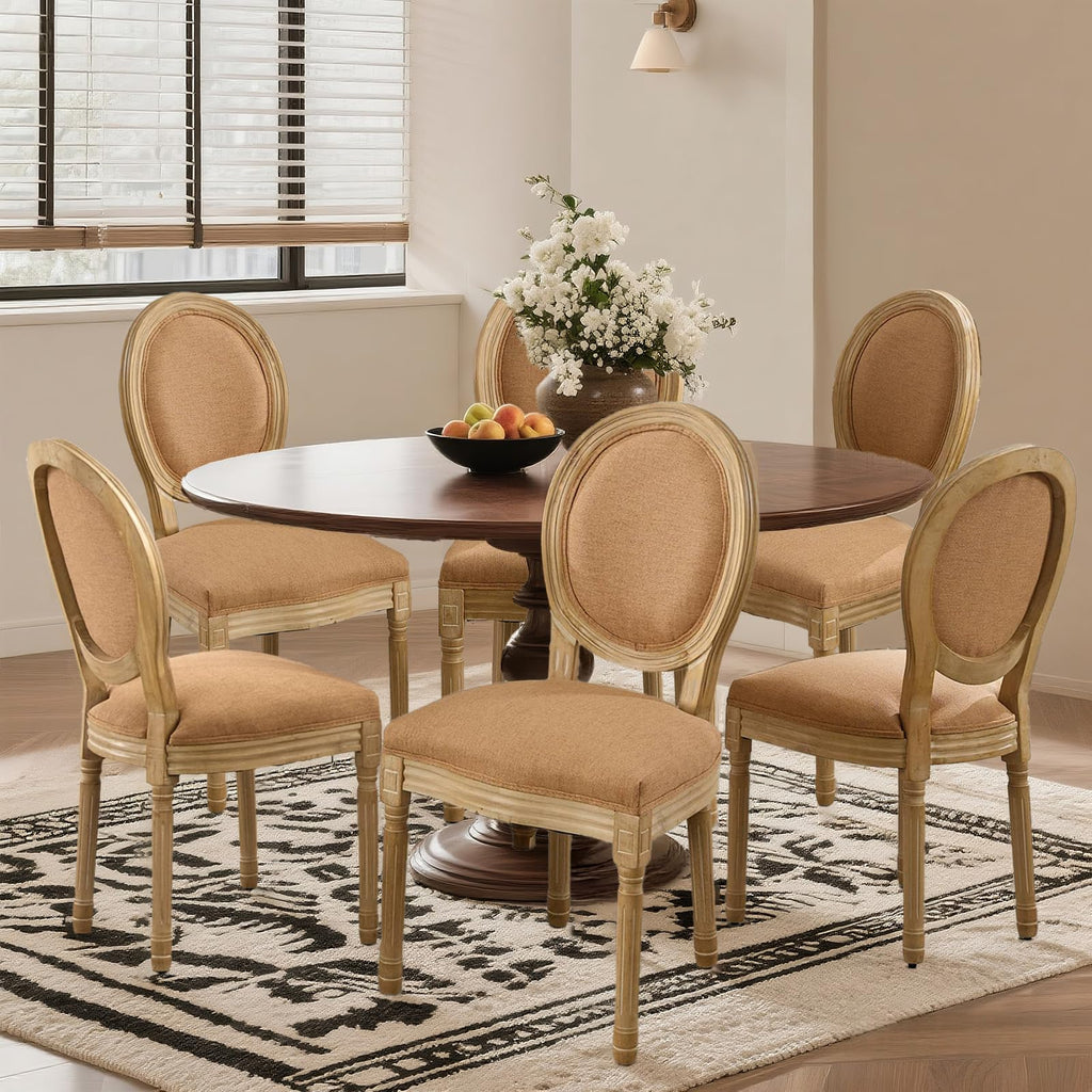 SoarFlash Linen French Dining Chairs Set of 2, Vantage Dining Chair with Round Back, Wood Leg Farmhouse Country Dining Chair for Living Room,Kitchen,Bedroom,Beige