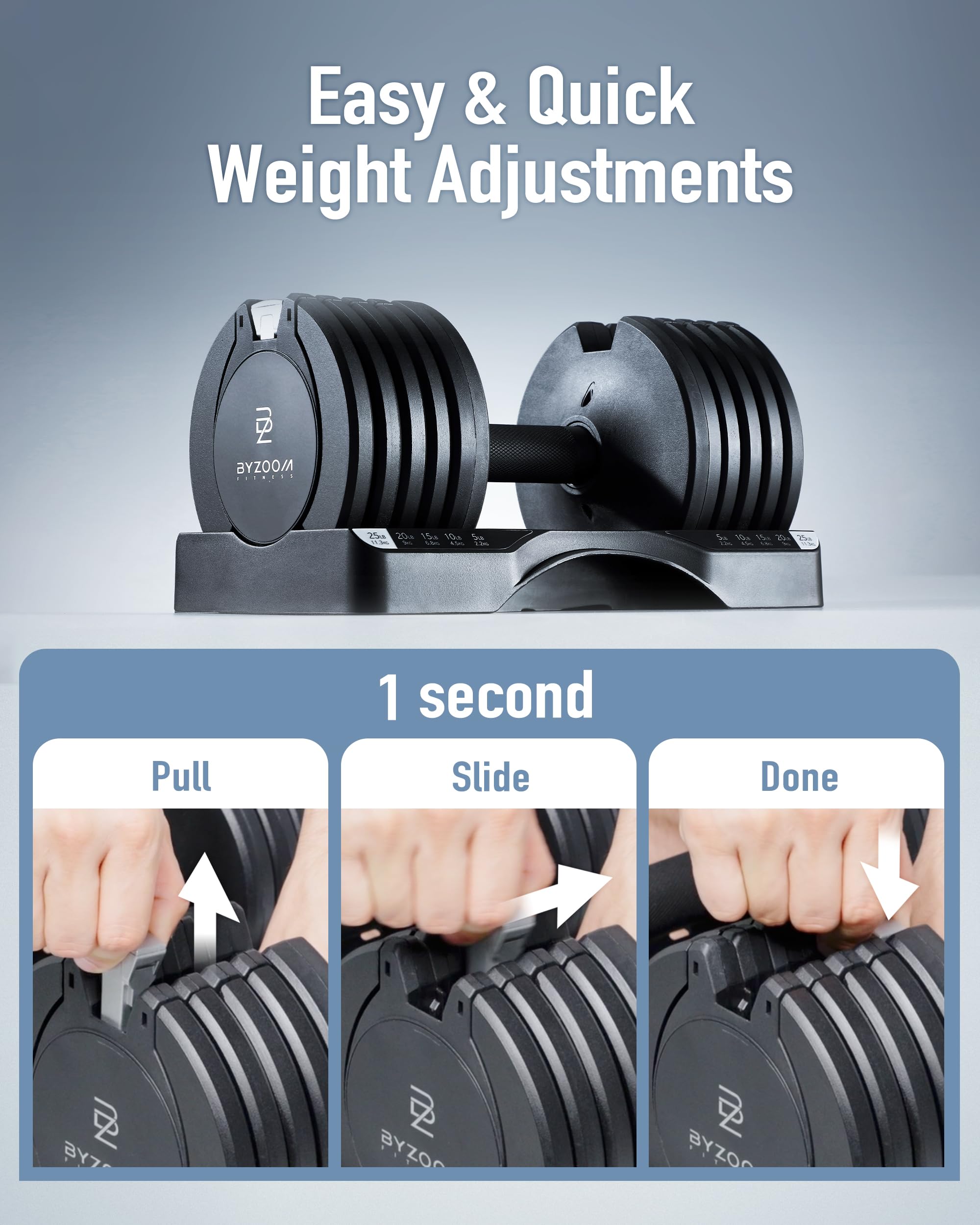 BYZOOM FITNESS Pure Series Adjustable Dumbbell - 12.5/25/27.5/50/55/75lb - ONE UNIT OR PAIR(check QTY before purchase) - 5-in-1/ 10-in-1 / 15-in-1 / 21-in-1 Flexible Hand Weights for Home Apartment Garage Gym, Strength Training & Fitness Workouts, White O