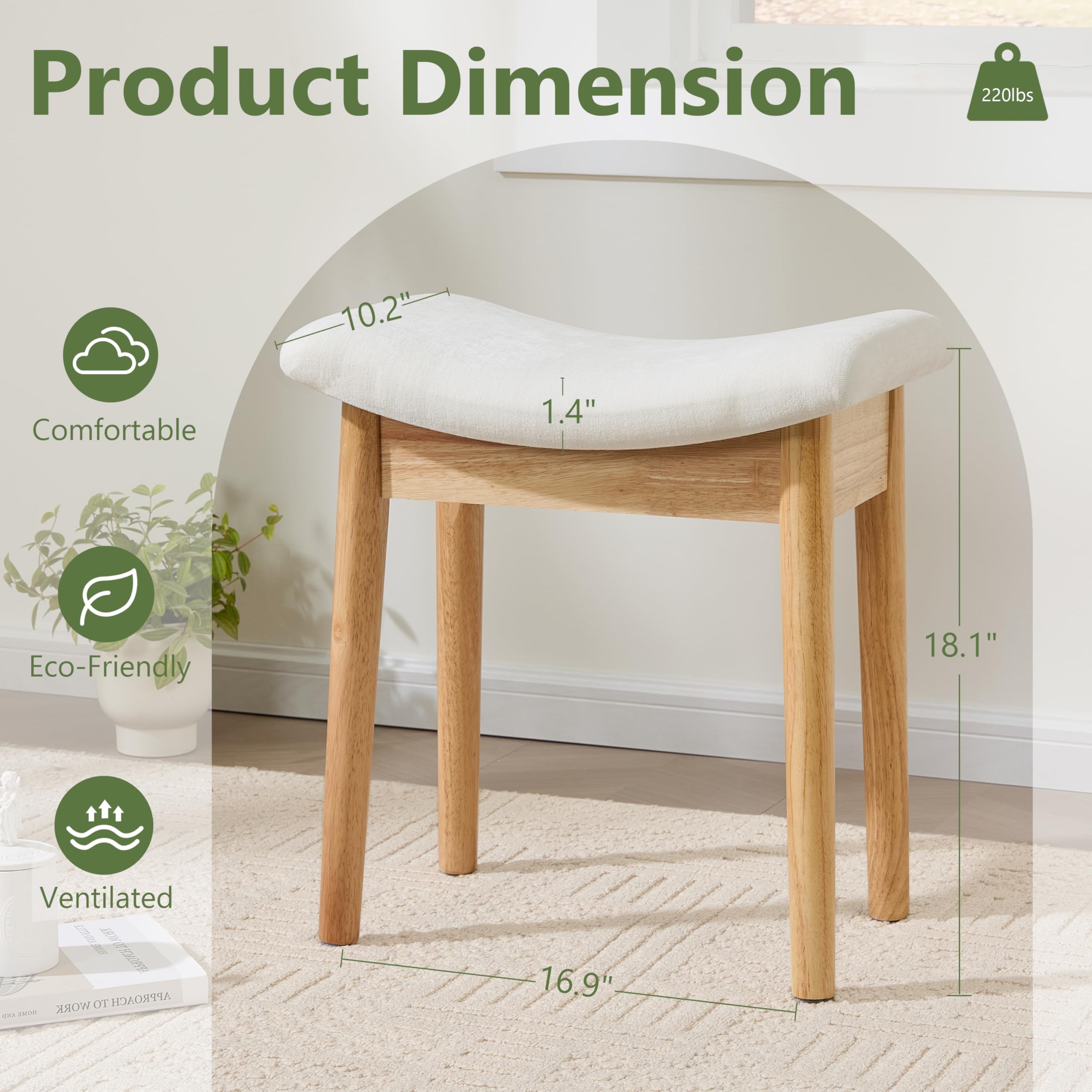 Royal Windsor Vanity Stool with Saddle Cushion, 18 Inch Makeup Vanity Chair for Living Room, Modern Foot Stool Ottoman Piano Bench,Small Upholstered Bench for Bedroom, Beige