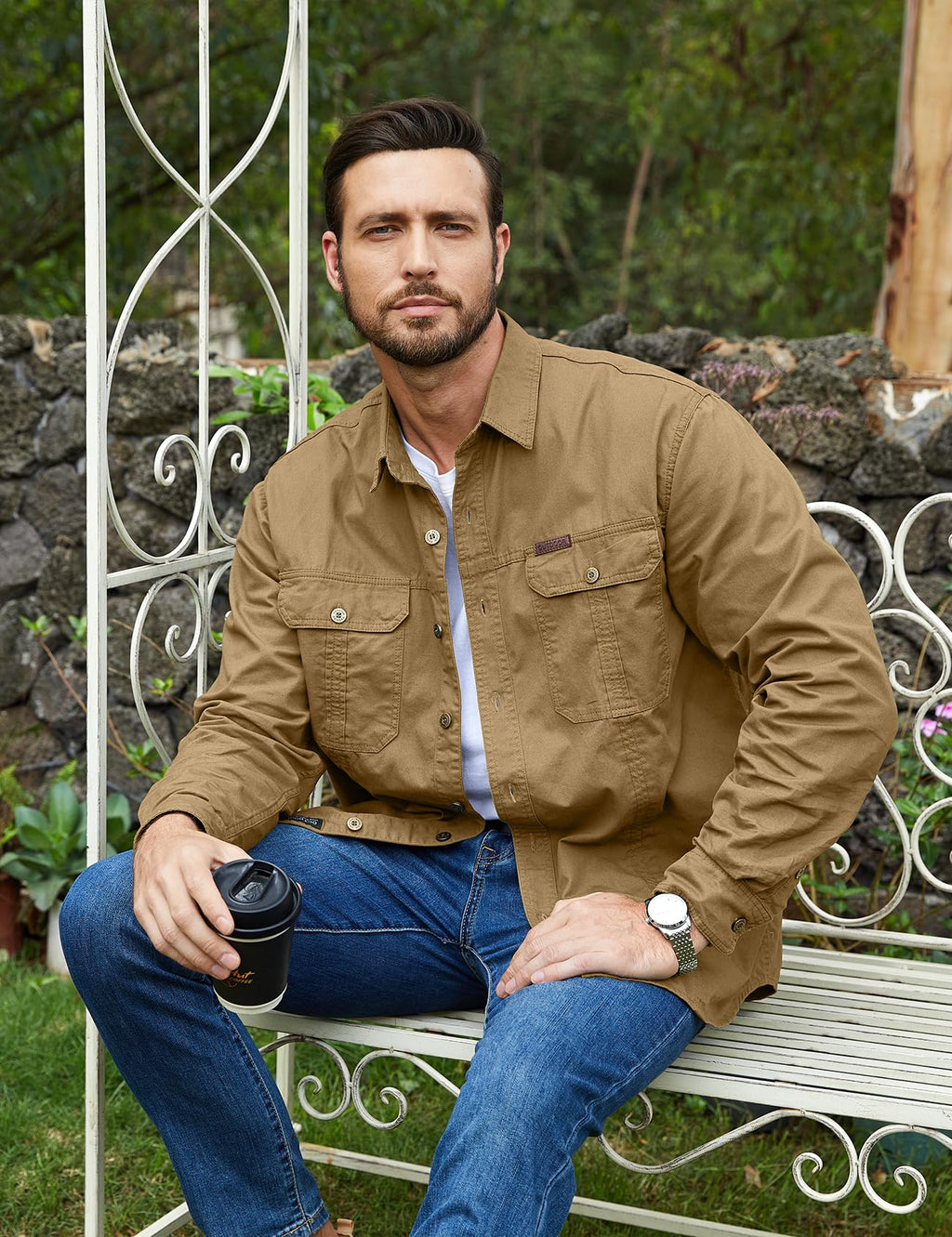 Eisctnd Men's Long Sleeve Cotton Work Shirt Casual Loose Fit Button Down Shirts with 2-Pocket for Outdoor Safari