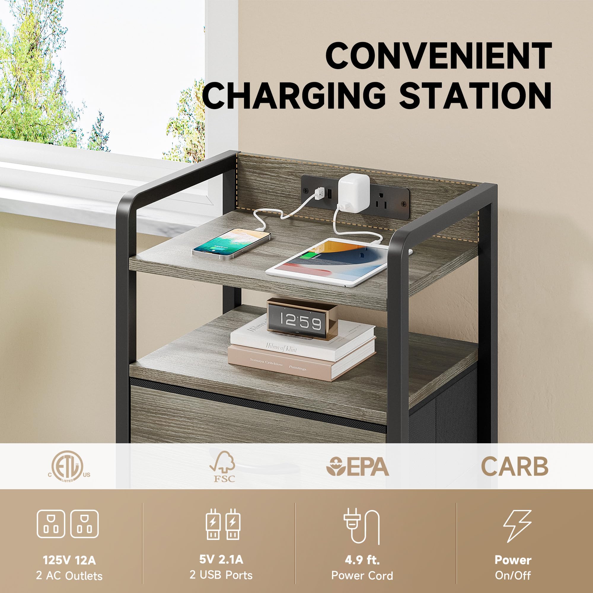 Lazzanto Night Stand Bedside Charger Bedroom - Nightstand with Charging Station & LED Light Strip, Night Stand with Storage Shelf & 2 Fabric Drawers, Morden End Table with U-S-B Ports & AC Outlets