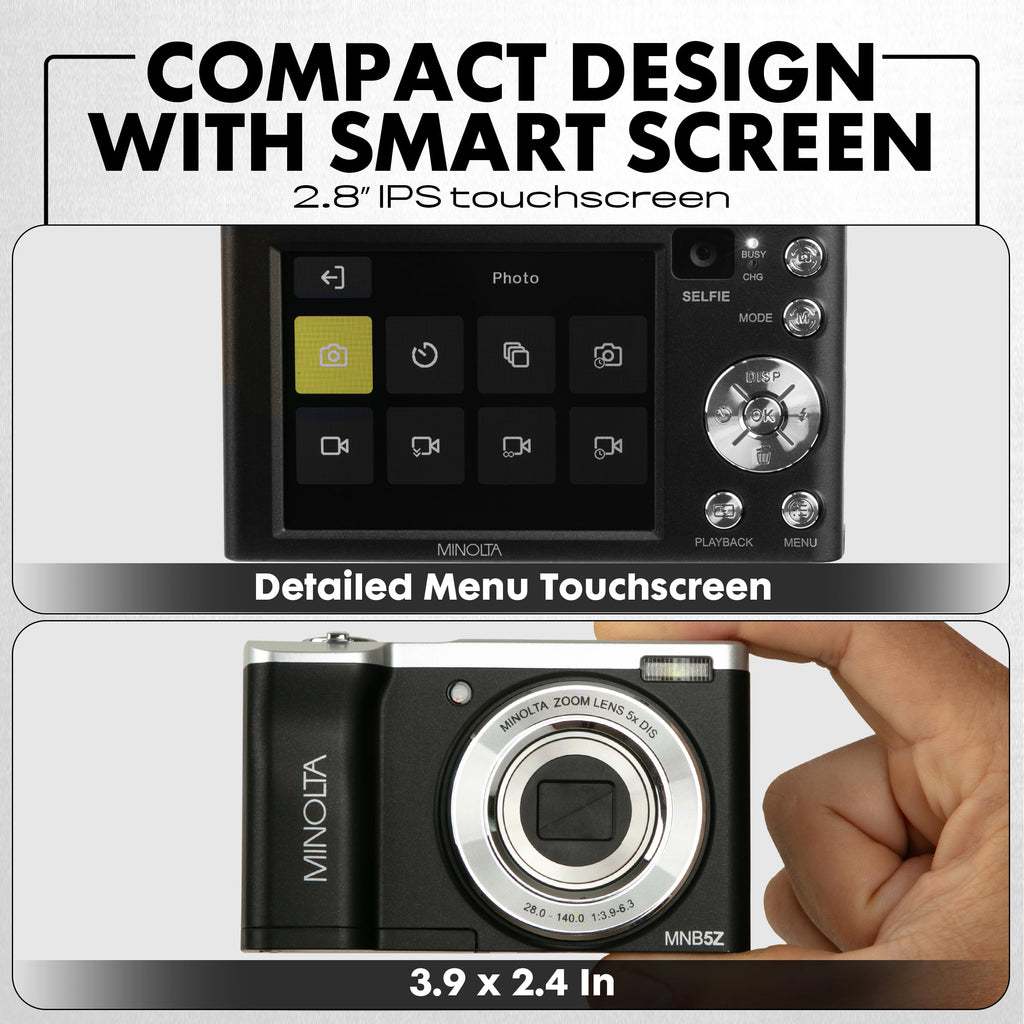 Minolta 56MP Dual Lens Digital Camera – 5X Optical Zoom, 5K Ultra HD Video, CMOS Sensor, 2.8-inch LCD Screen, Stabilization, Selfie Lens, 32GB Card, Rechargeable Battery (Black)