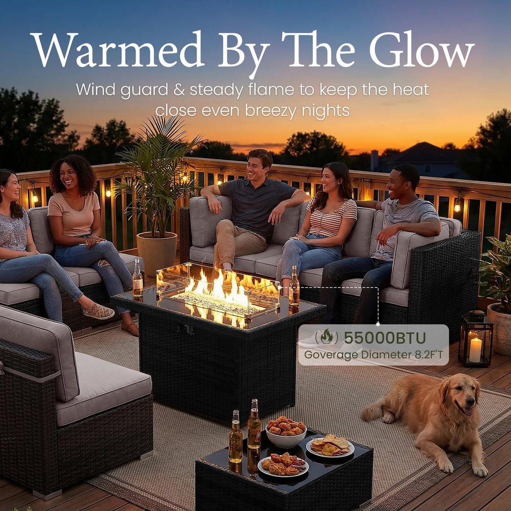 LayinSun 7 Pieces Outdoor Patio Furniture Set with 44" Fire Pit Table Rattan Sectional Sofa Conversation Sets