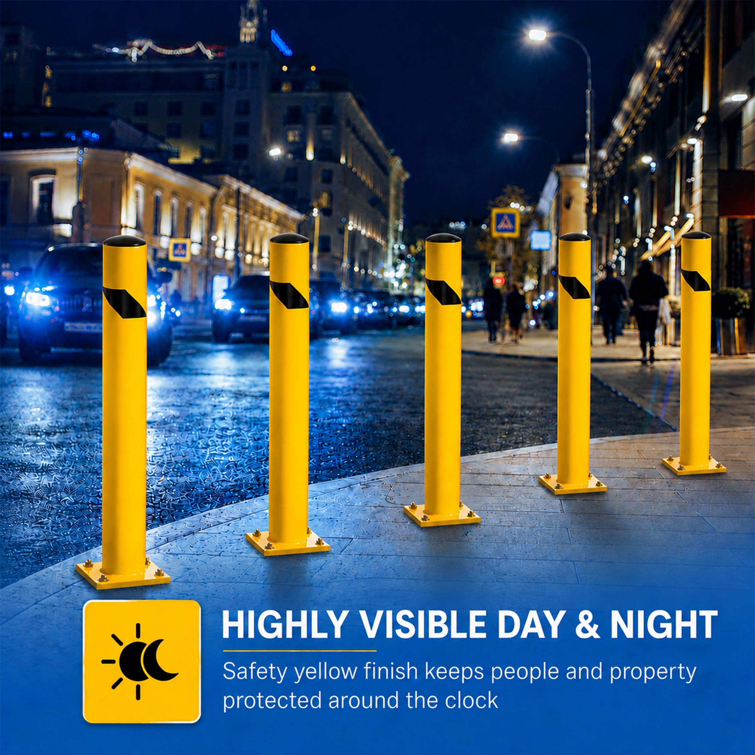 Crowd Control Warehouse Trafford Industrial Steel Bollards 24” Height, Safety Steel Post, Yellow Powder-Coated Finish Heavy Duty Fillable with Concrete, for Driveway Barrier, Parking Pole & Traffic