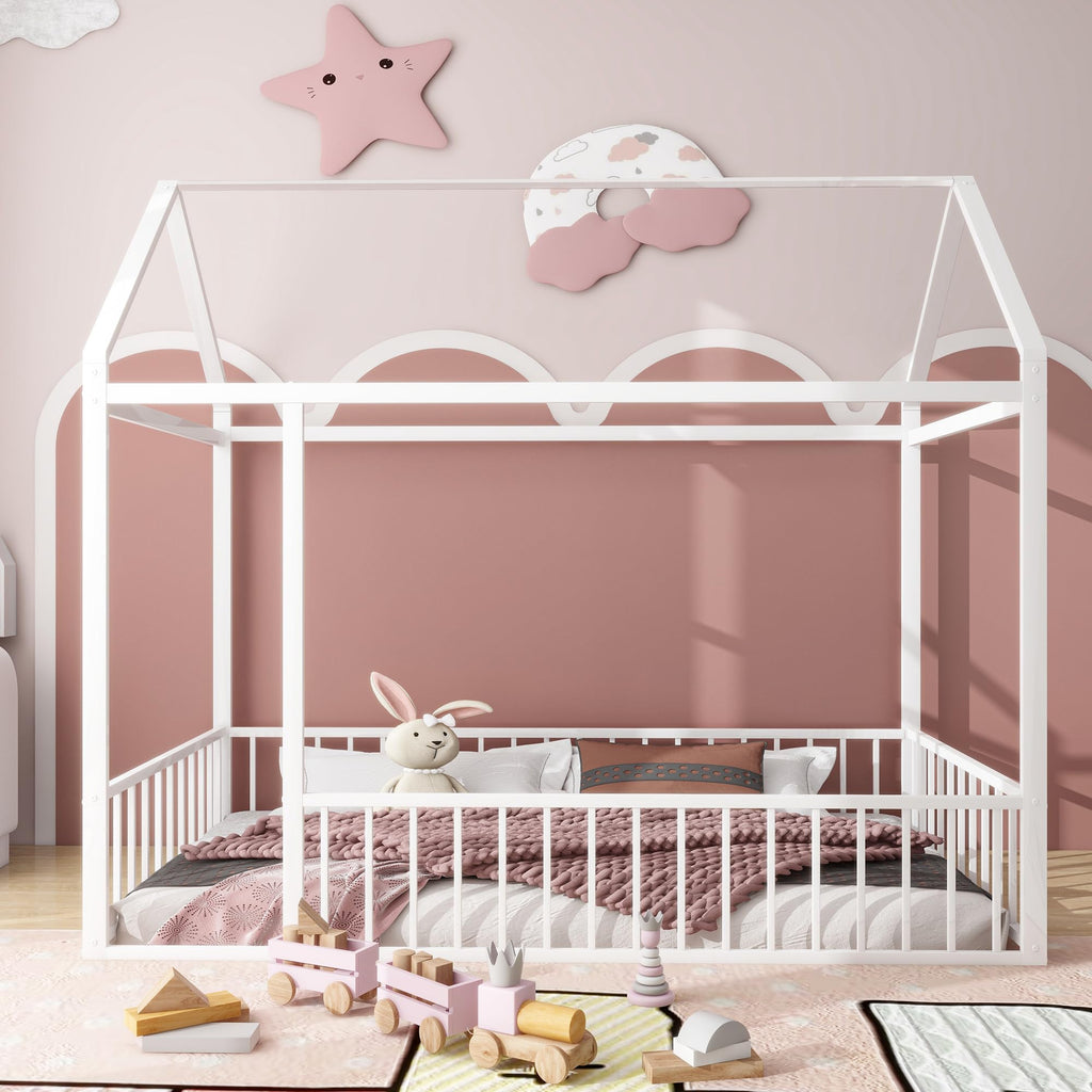 Bellemave Twin Size Montessori Floor Bed, Metal House Bed Framefor Kids, Montessori Floor Beds with Fence, Playhouse for Kids,Black