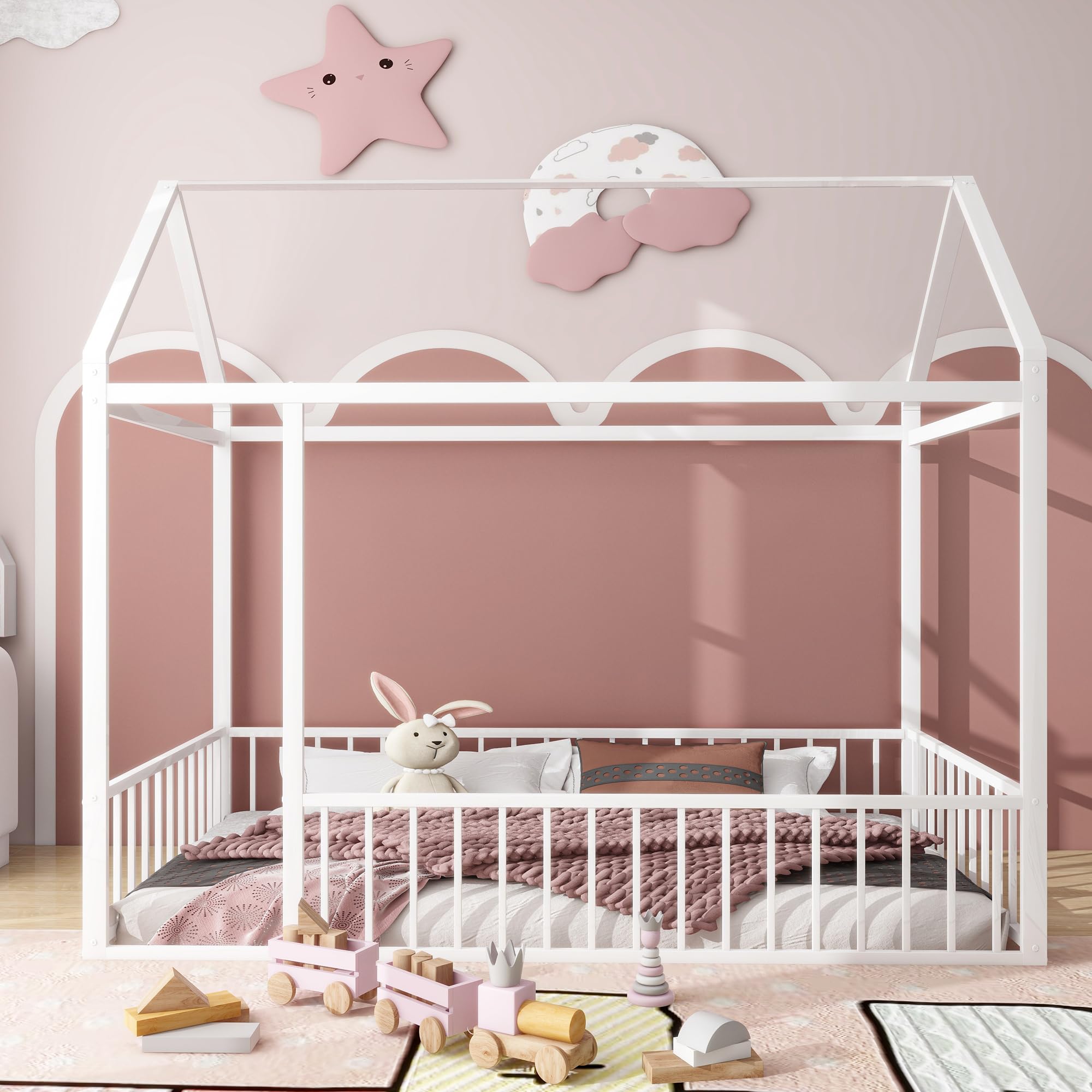 Bellemave Twin Size Montessori Floor Bed, Metal House Bed Framefor Kids, Montessori Floor Beds with Fence, Playhouse for Kids,Black