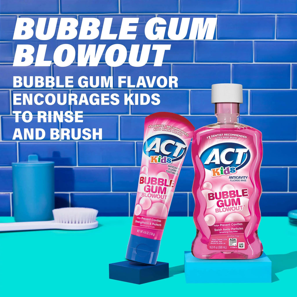 ACT Kids Anticavity Fluoride Mouthwash, Sugar & Alcohol Free Mouth Rinse Strengthens Teeth, Bubble Gum Blowout, 16.9 fl. oz.(Pack of 3)