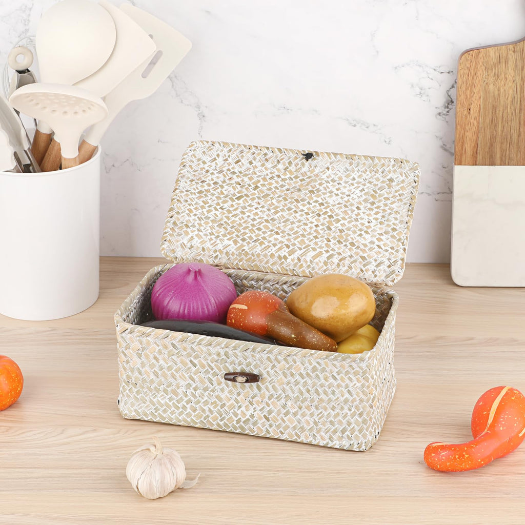 Sumnacon Wicker Basket with Lid Rectangle Woven Baskets for Toiletries Tampon Storage,Wicker Storage Basket with Lid,Decorative Seagrass Storage Baskets for Shelf Bathroom Toilet Table, Caramel