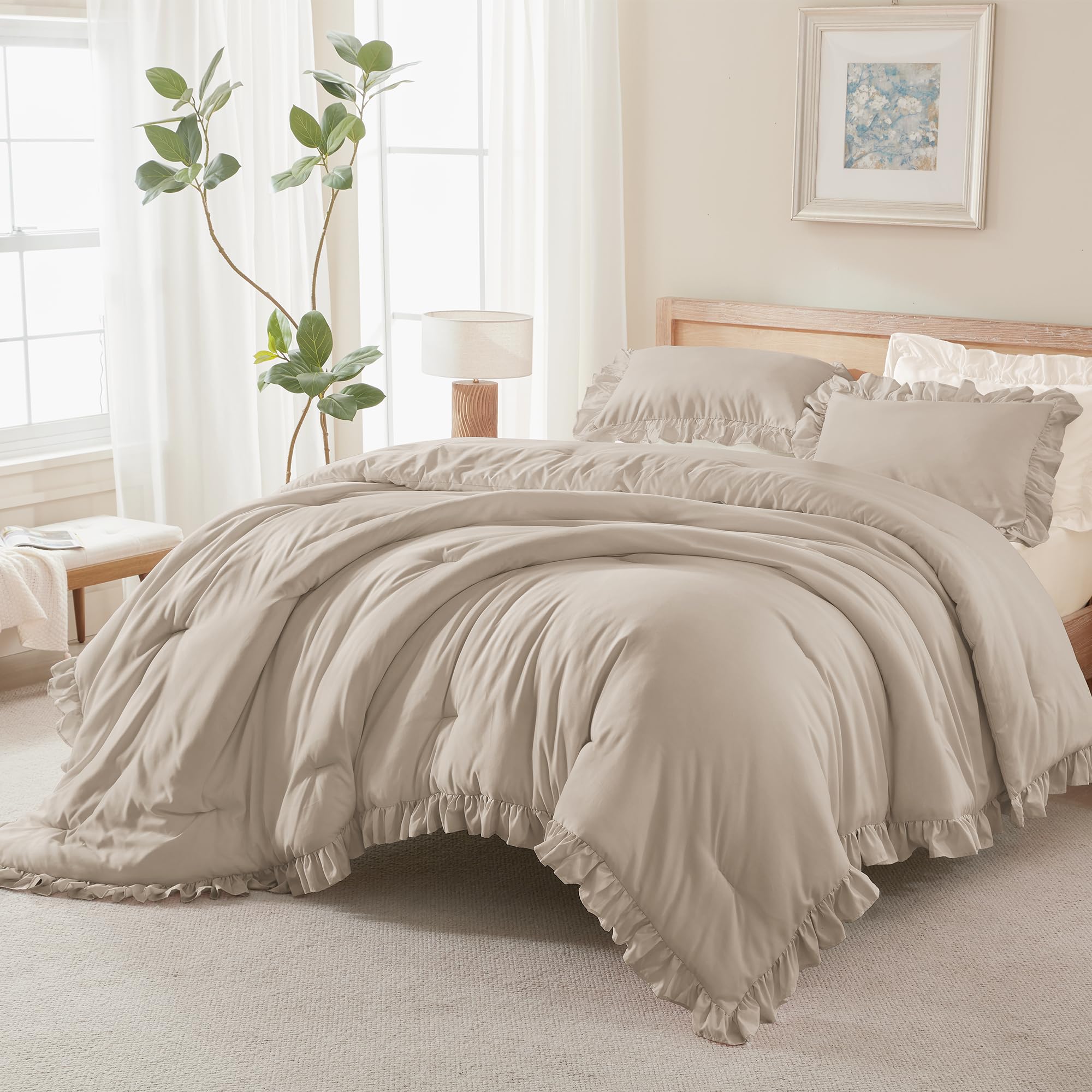 Andency Beige Twin Size Ruffle Comforter, 2 Pieces Farmhouse Shabby Classic Bed Set for Kids, Lighteweight Soft Polyester Bedding Set for Girls(1 Ruffle Comforter and 1 Pillowcase)