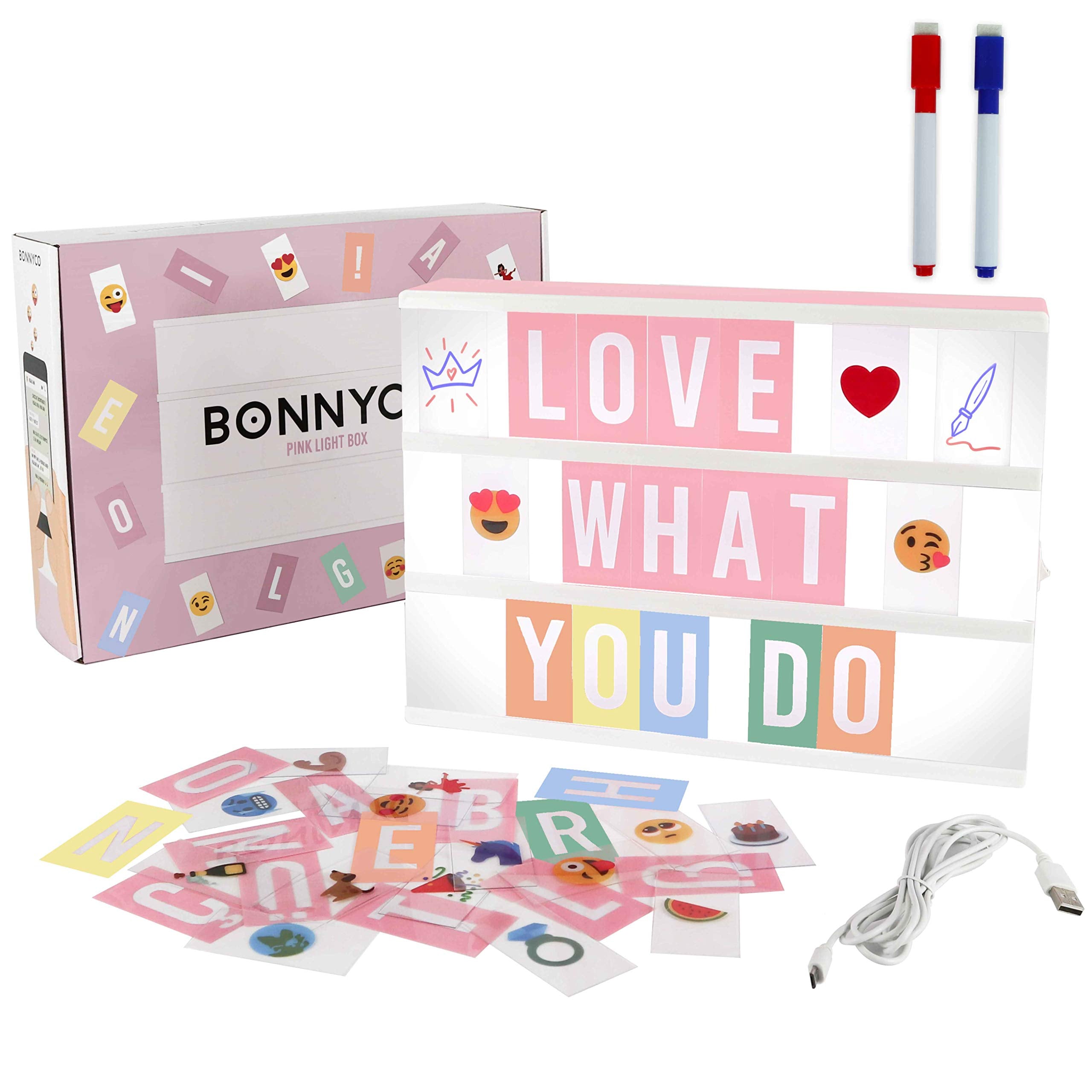 BONNYCO Blue Cinema Light Box with 400 Letters, Emojis and 2 Markers. Led Light Box Boy Bedroom Decor, Baby Shower. Cinema Led Sign Letters Board Gifts for Boys, Children for Birthdays Christmas