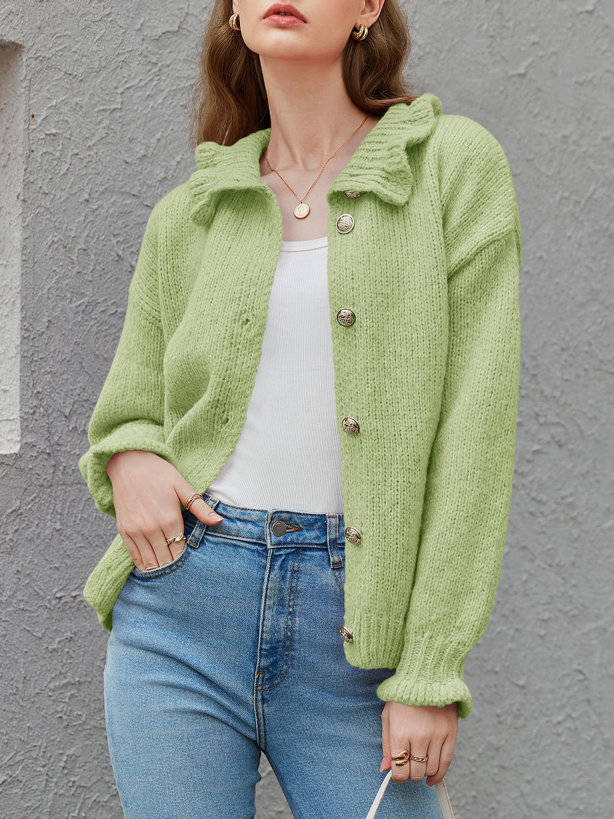 Saodimallsu Womens Ruffle Cardigan Oversized Button Up Fall Trendy Ribbed Knit Open Front Long Sleeve Loose Cute Sweater