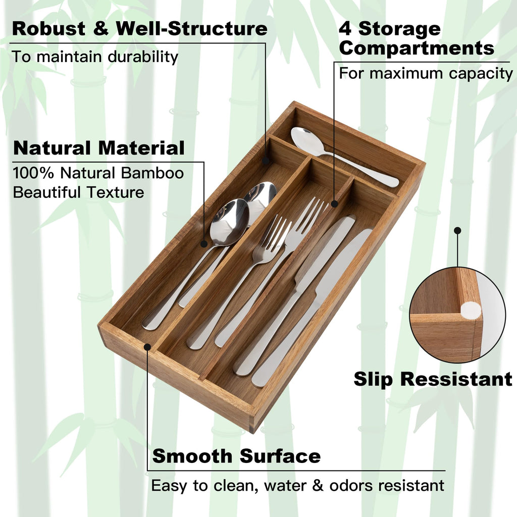 Acacia 4 Slot Silverware Drawer Organizer - Cutlery Holder with Flatware Tray