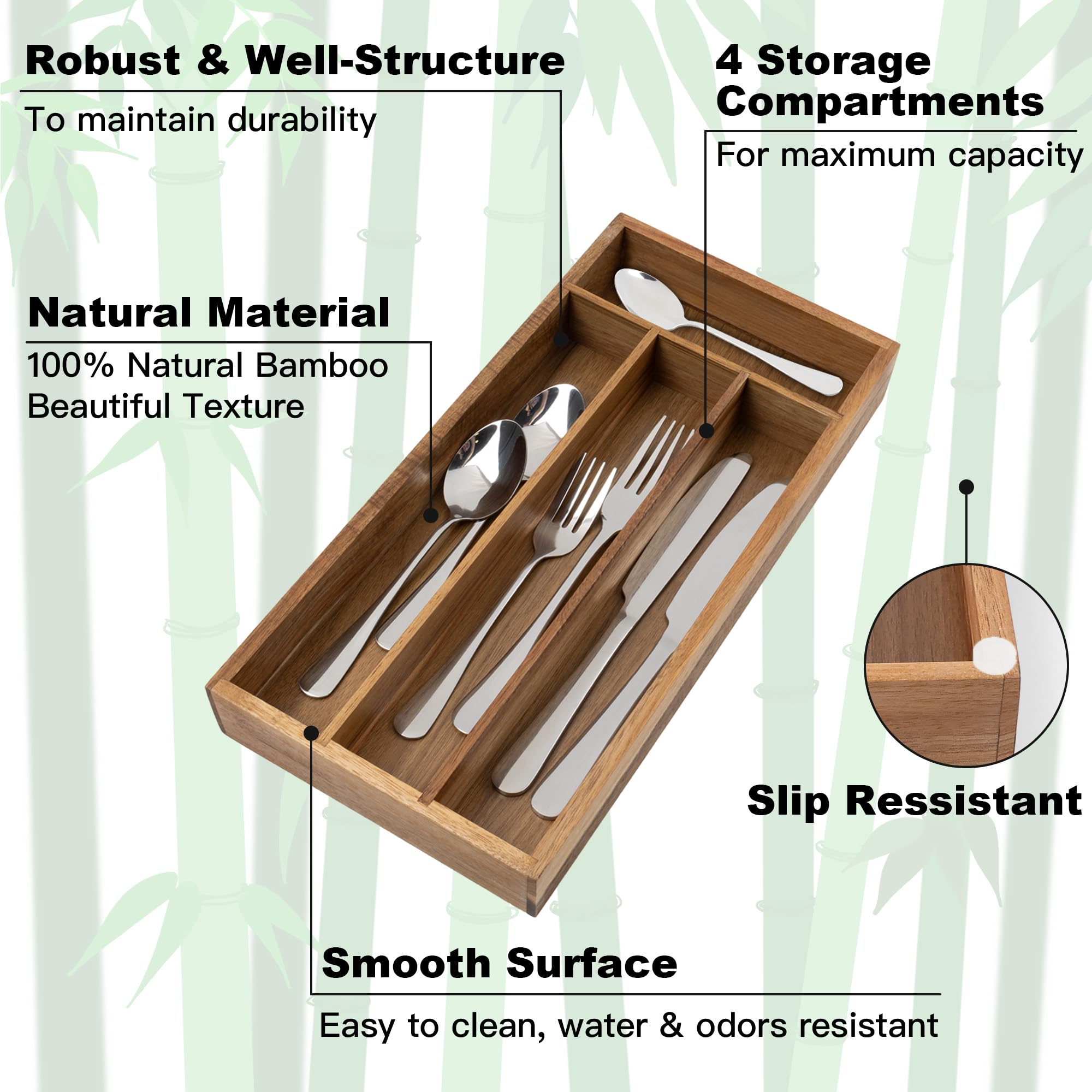 Acacia 4 Slot Silverware Drawer Organizer - Cutlery Holder with Flatware Tray