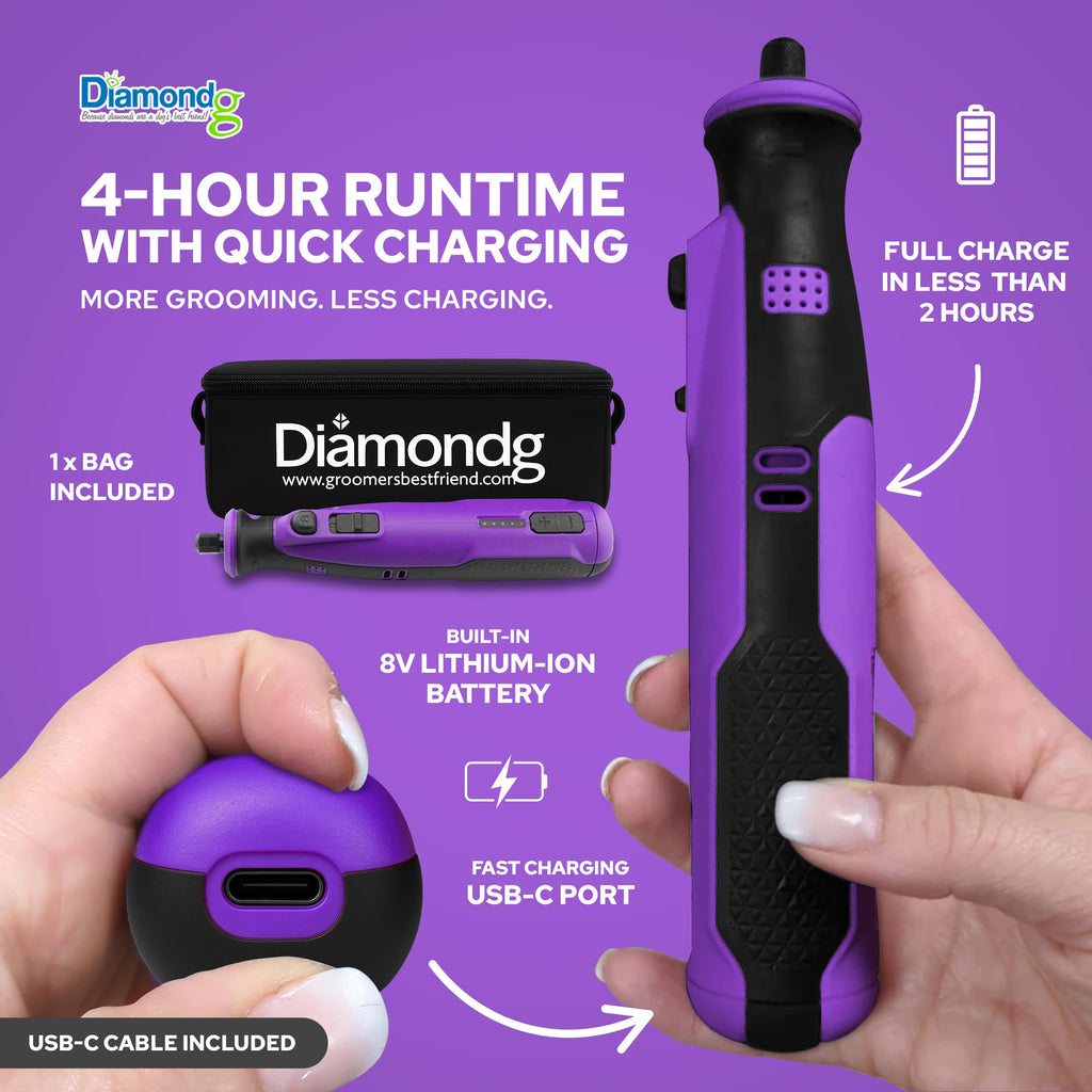 Diamondg Cordless Dog Nail Grinder with Quiet Sound & LED Tip for Large & Small Dogs, 4hrs. Runtime - Electric Dog Nail Trimmer, Heavy Duty Rotary Tool Alternative to Toenail Clippers & Filers