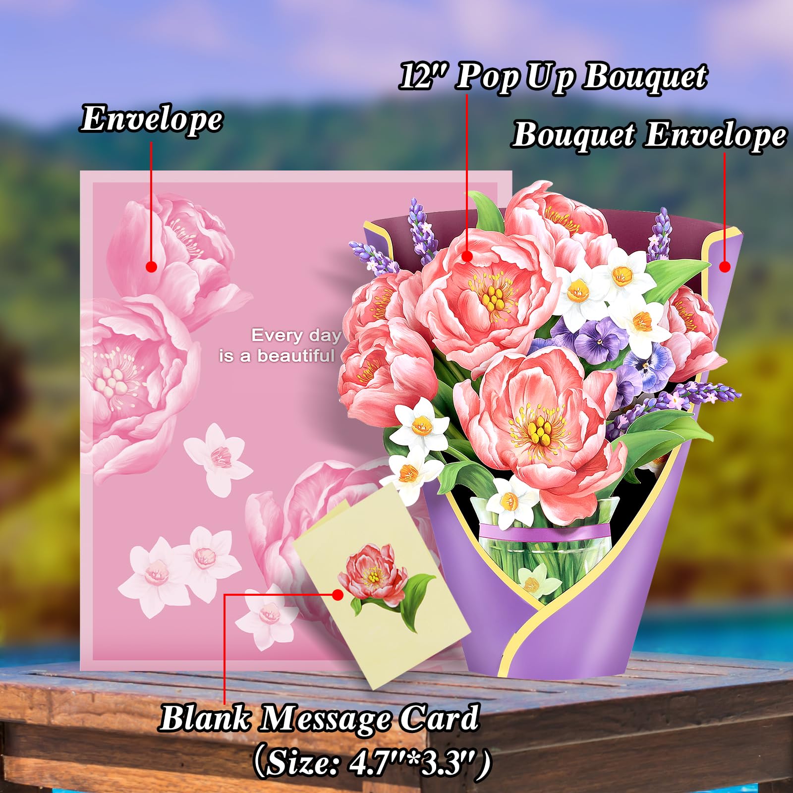 Airpark 3D Pop Up Paper Flowers Bouquet Card 12’‘ with Note & Envelope, Birthday Gifts, Get Well, Thank You, Greeting Cards for Women Mom Wife Friends, Daisies and Butterflies