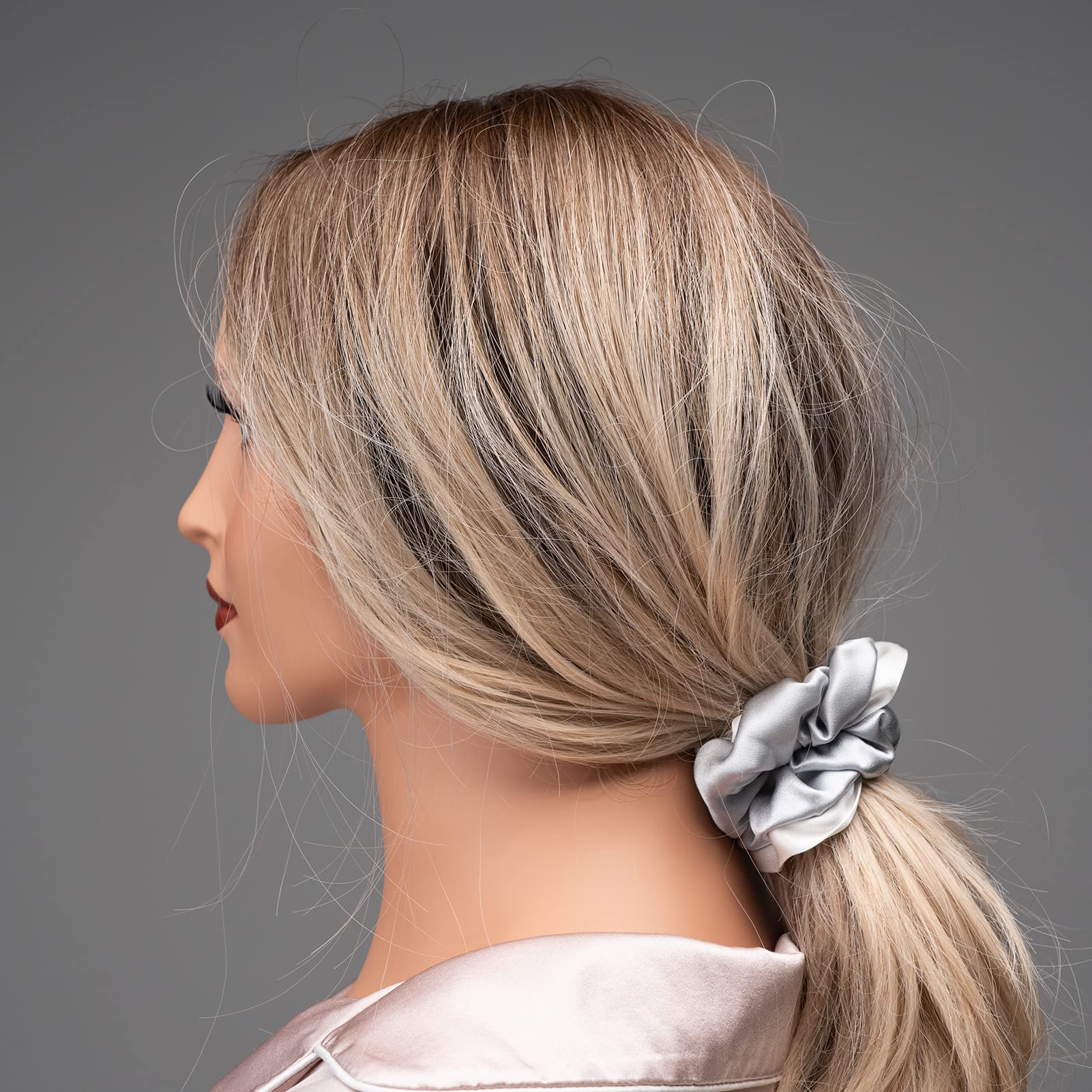 Silk Scrunchies for Hair 100% Mulberry Silk Hair Ties（Silver gray, Dark gray, Pink）