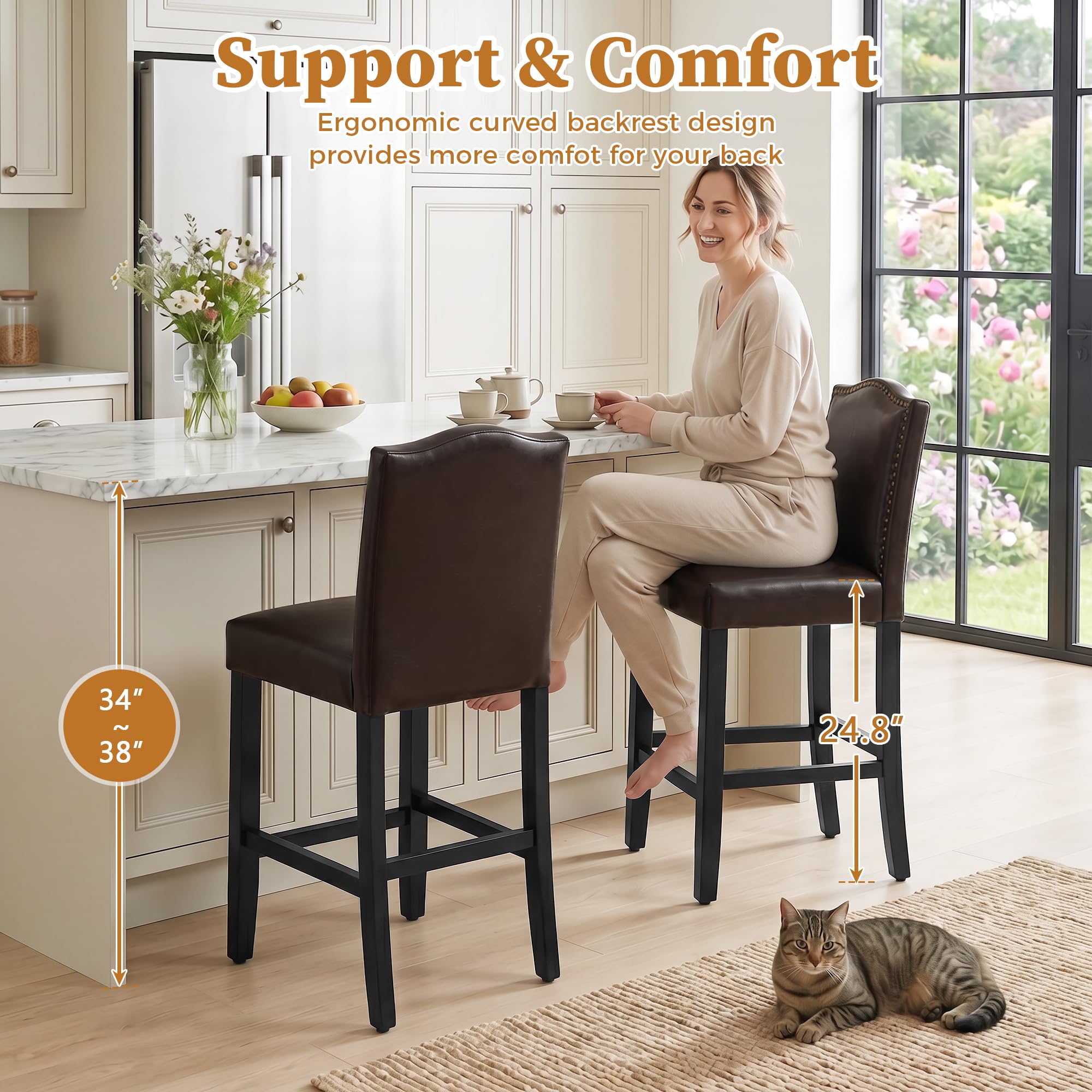 LSSPAID Counter Height Bar Stools Set of 2, 24.8 Inch Modern Upholstered Fabric Barstools, Kitchen Island Chairs with Bronze Nail Backrest and Solid Wood Legs for Kitchen Pub Home Cafe, Beige