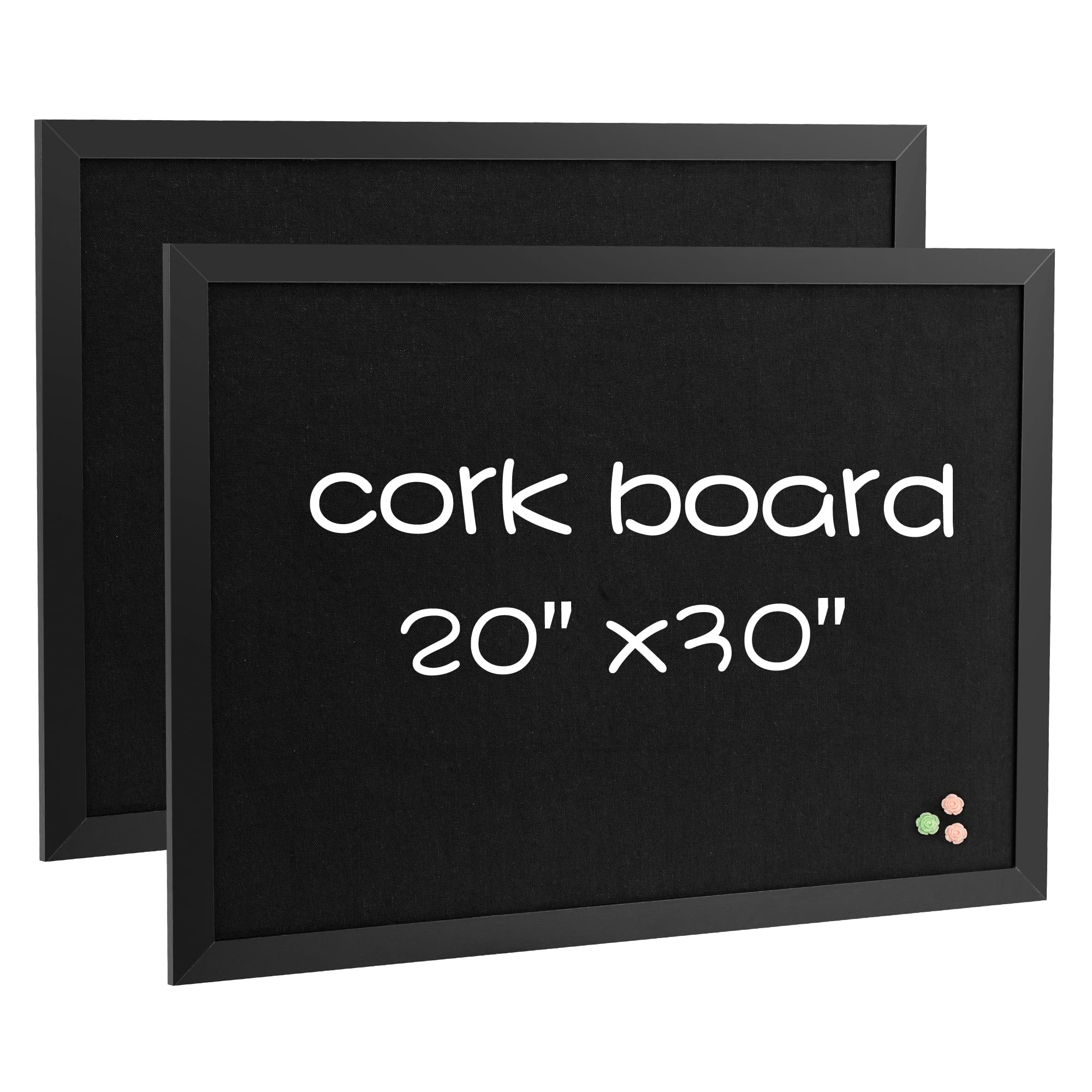 Black Cork Board Bulletin Board with Linen, Wood Framed 30" x 20" Corkboard, Office Board for Wall Decor, Wall Mounted Pin Board Picture Board with 20 Pushpins for School, Home & Office
