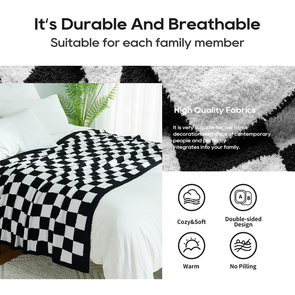 Checkered Throw Blanket, Black Soft Cozy Fluffy Knitted Throw Blankets for Couch, Sofa, Bed, Chair, Warm Fuzzy Travel Picnic Lightweight Plaid Blanket, 50x70 inches