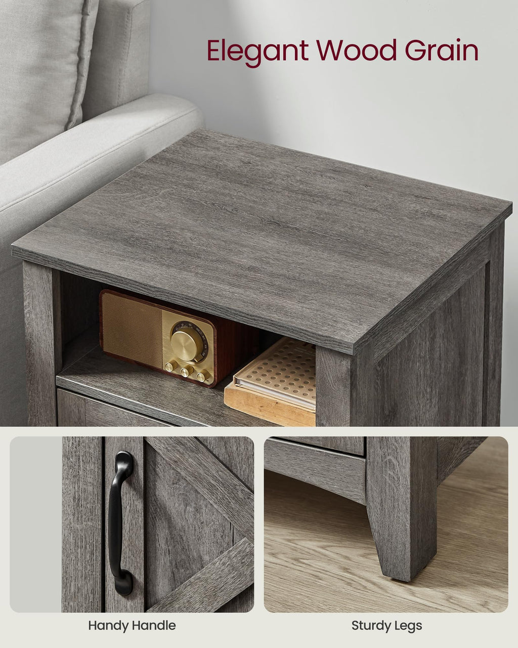 VASAGLE LIRY Collection - Farmhouse Nightstand with Barn Door, Bedside Table with Storage, Side End Table, Night Stand, Open Compartment, for Bedroom, Misty Gray ULET609G68