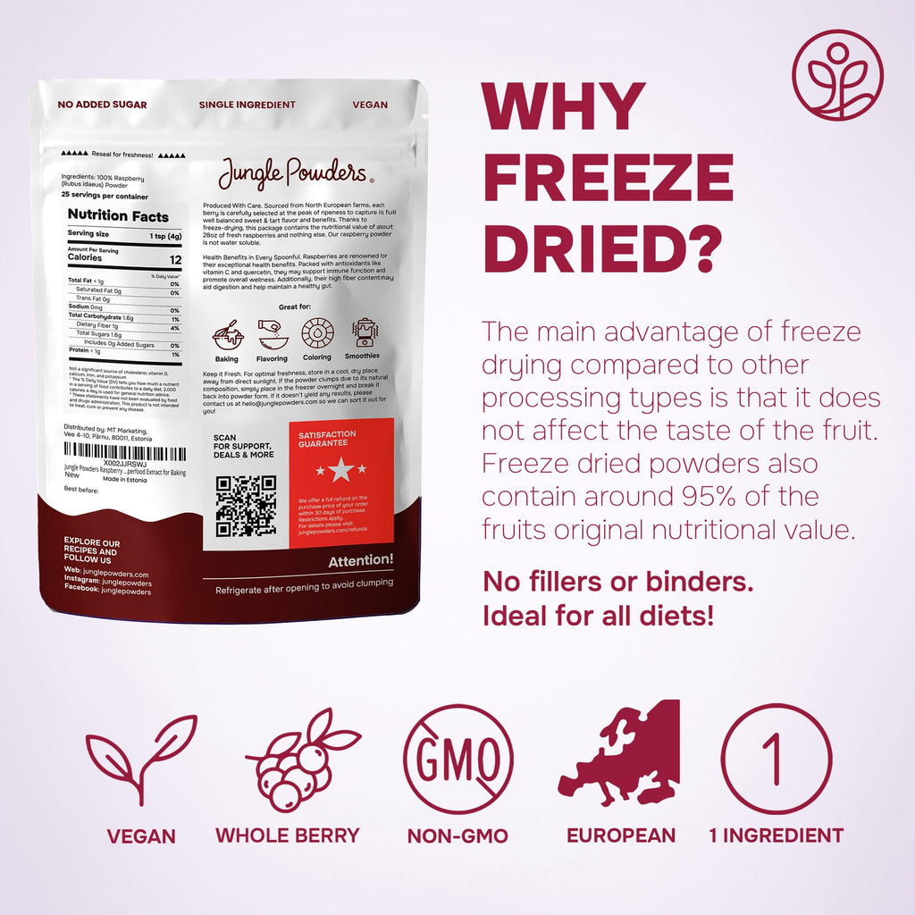 Jungle Powders Raspberry Powder 3.5 Ounce Bag, Food Grade Powdered Unsweetened Freeze Dried Raspberries, Additive, Filler Free Red Superfood Extract for Baking Cooking Flavoring Rasberries Smoothies