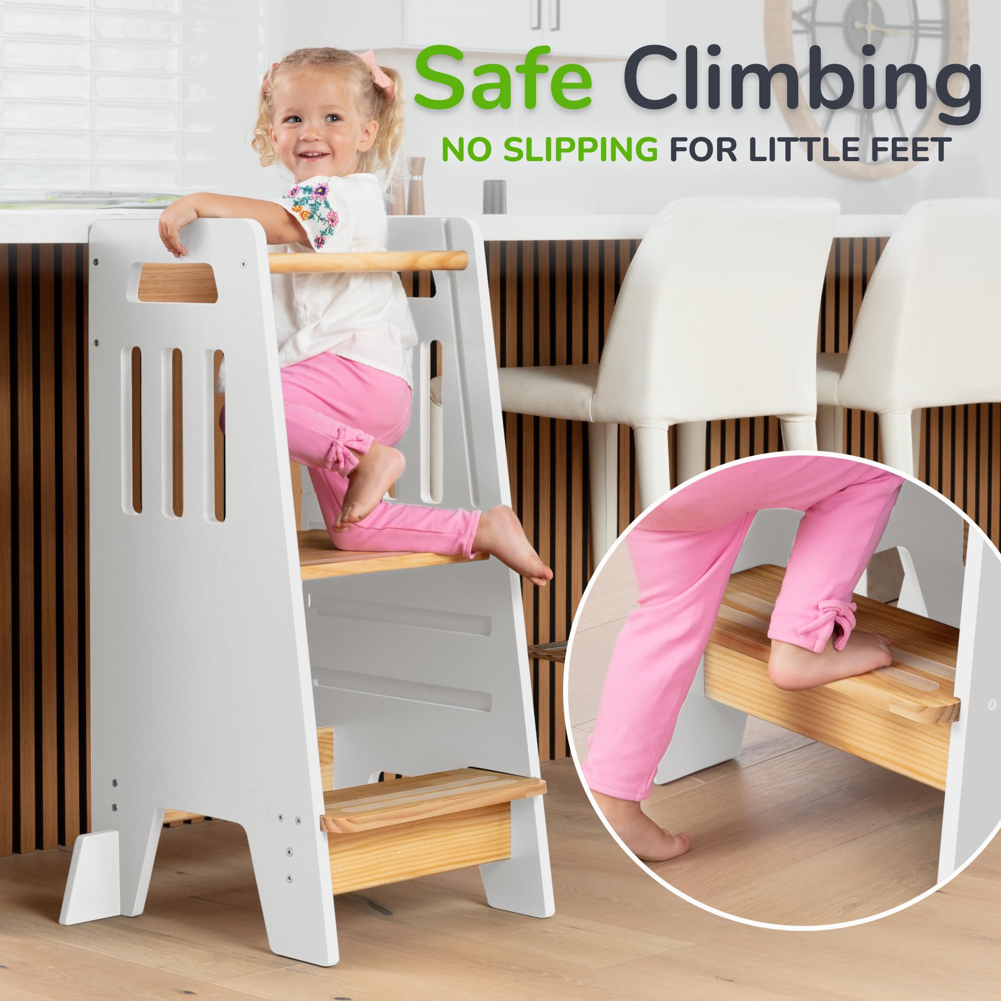 OCODILE Toddler Tower with a Sliding Door and 3 Adjustable Heights - Safe Toddler Kitchen Step Helper with Support Feet - Updated Design for 18+ Months to 6-Year-Old Kids - Gray