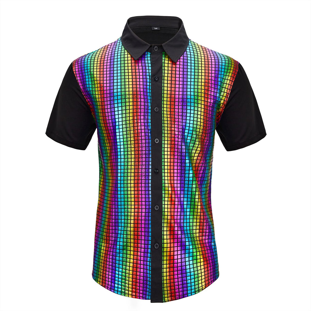 Zando Men's Sequin 70s 80s Disco Shirt - Retro Short Sleeve Button Up Costume Halloween New Year Party Outfit Top & Clubwear