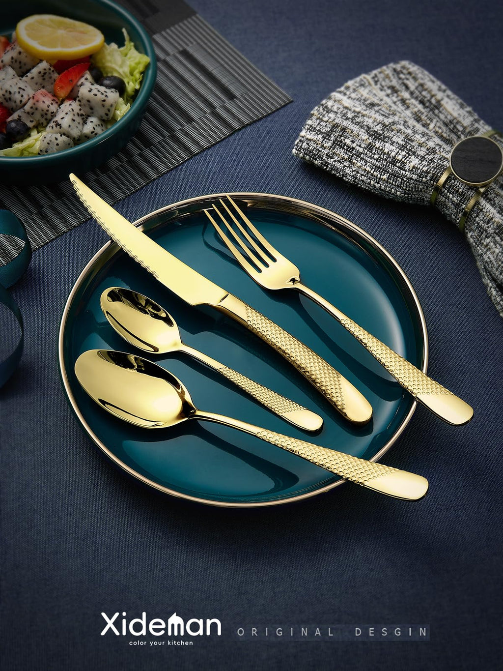 16-Piece Modern Black Hammered Silverware Set with Ultra Sharp 2-IN-1 Serrated Knives, 18/10 Stainless Steel Flatware Set, Titanium Plated Cutlery Set Service for 4, Dishwasher Safe