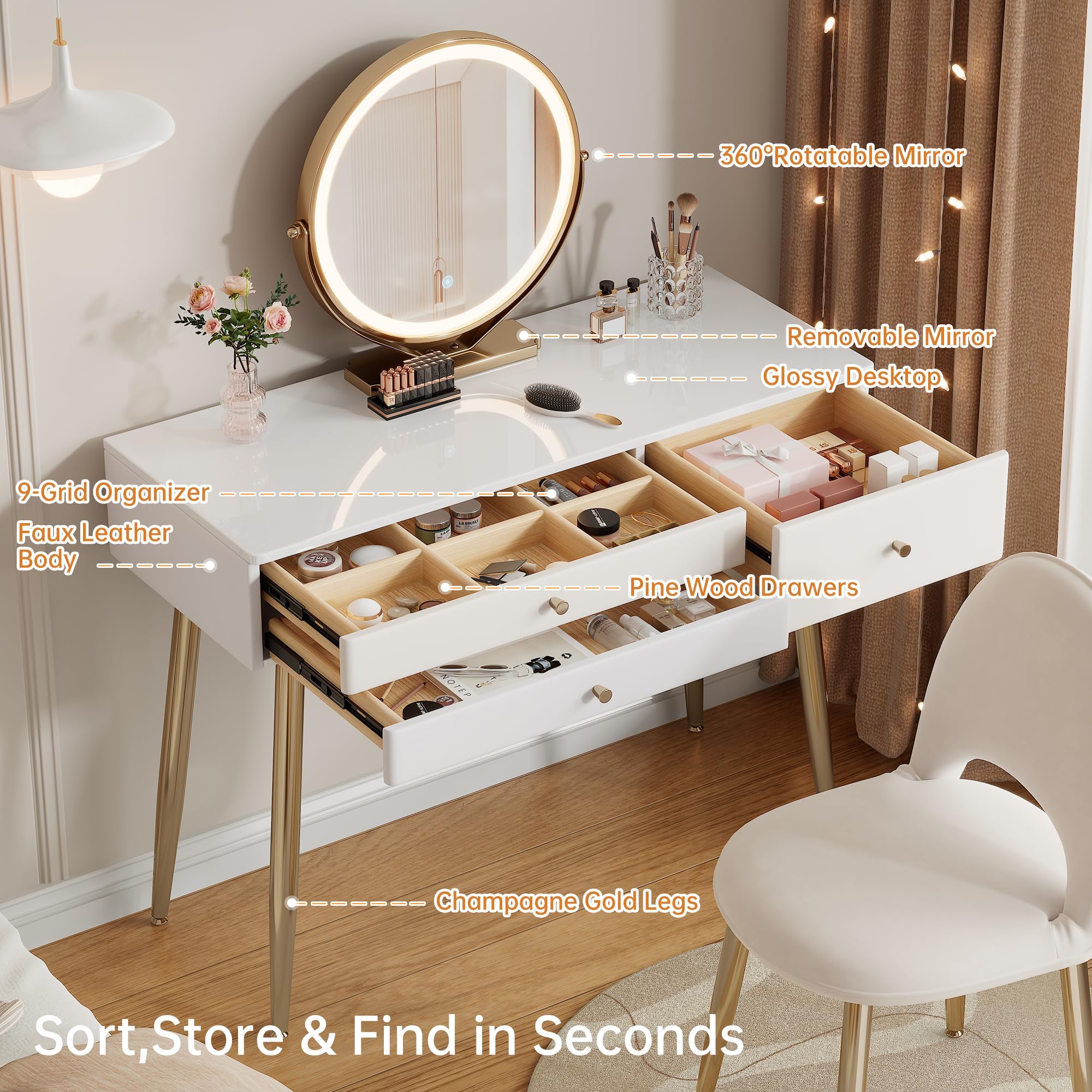 KDCAS Vanity Desk with Mirror and Lights| 39" Beige Modern Makeup Vanity Set with Drawers & Adjustable Chair| White and Gold Dressing Table for Small Spaces & Bedroom