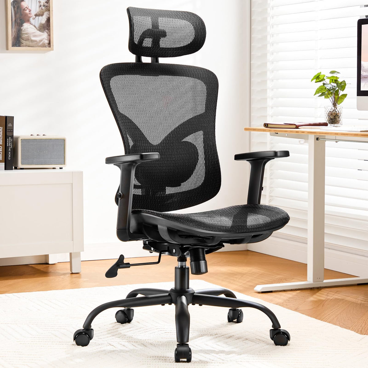 Marsail Office Chair Ergonomic Desk Chair with 3 Ways PU Armrests and Adjustable Lumbar Support Breathable Mesh Computer Chair Executive Rolling Swivel Comfy