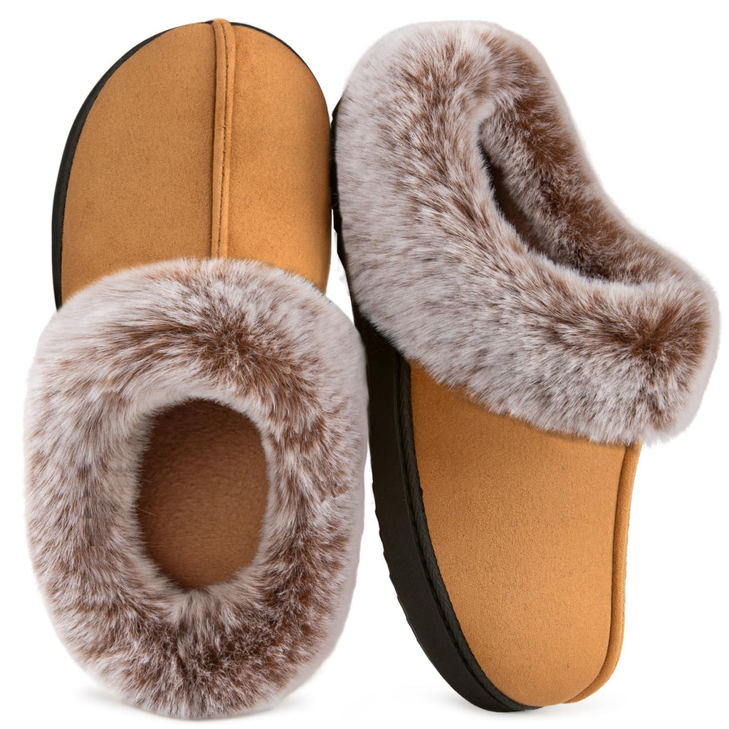 HomeTop Women's Classic Microsuede Memory Foam Slippers Durable Rubber Sole with Warm Faux Fur Collar