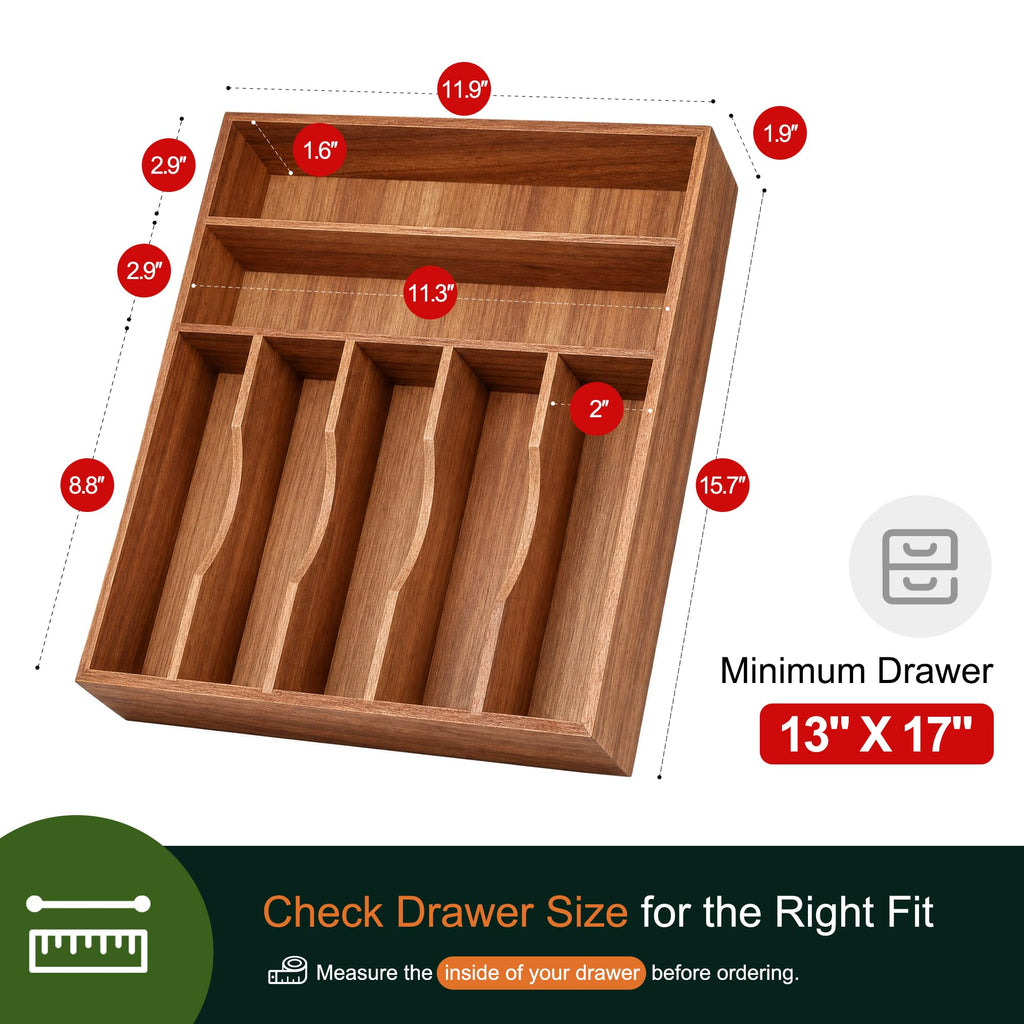 Expandable Acacia Kitchen Drawer Organizer for Cutlery and Utensils, Adjustable Acacia Wood Cutlery Tray in Drawer for Flatware and Silverware in Kitchen
