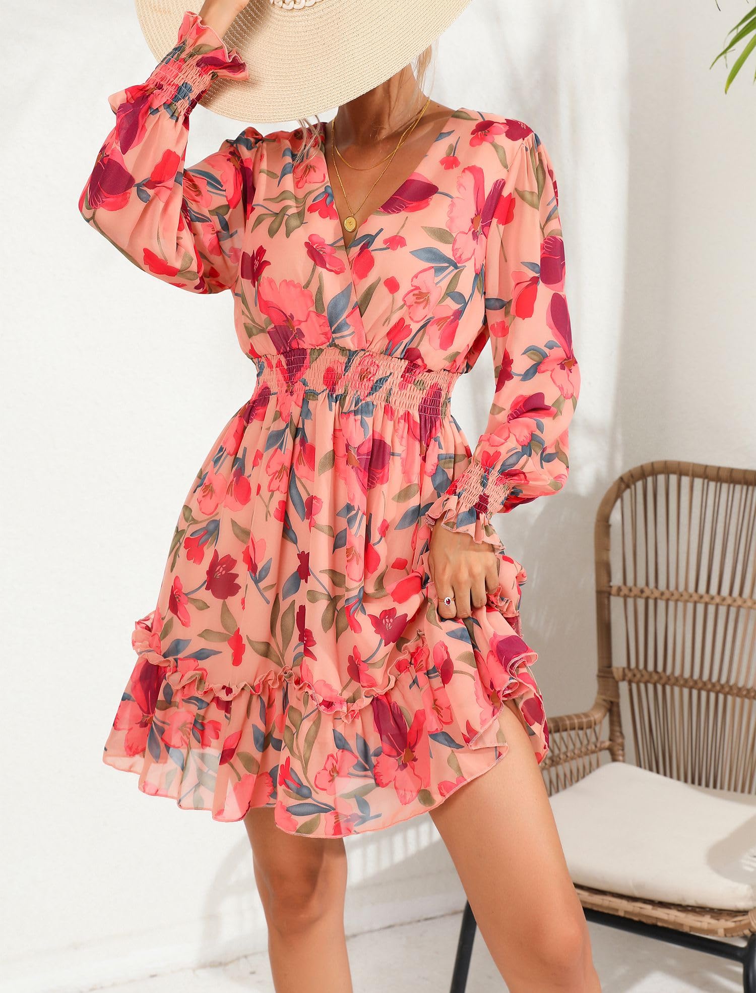 Prettywear Women's Floral Chiffon Long Sleeve Mini Dress Flowy A-Line Wrap Neck Tie Back Short Dress