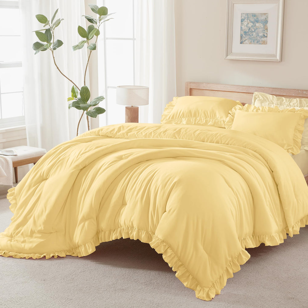 Andency Beige Twin Size Ruffle Comforter, 2 Pieces Farmhouse Shabby Classic Bed Set for Kids, Lighteweight Soft Polyester Bedding Set for Girls(1 Ruffle Comforter and 1 Pillowcase)