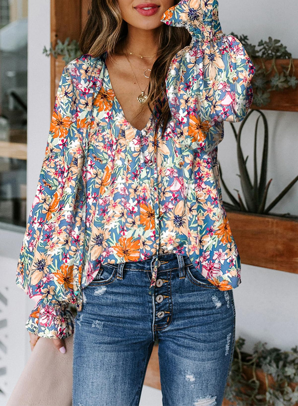 Biucly Women's Casual Boho Floral Print V Neck Long Sleeve Drawstring Tops Loose Blouses Button Down Shirts