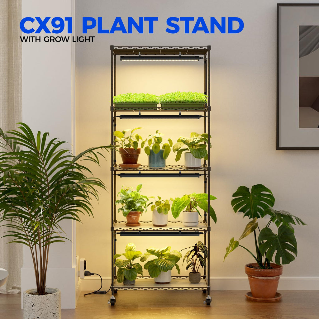 CX2 Plant Stand with Grow Lights for Indoor Plants, 6-Tier Metal Plant Shelf Display Rack with 2FT 150W Full Spectrum Plant Light, 3 Adjustable Spectrum, Timer, for Growing, 29.5x13.8x71IN